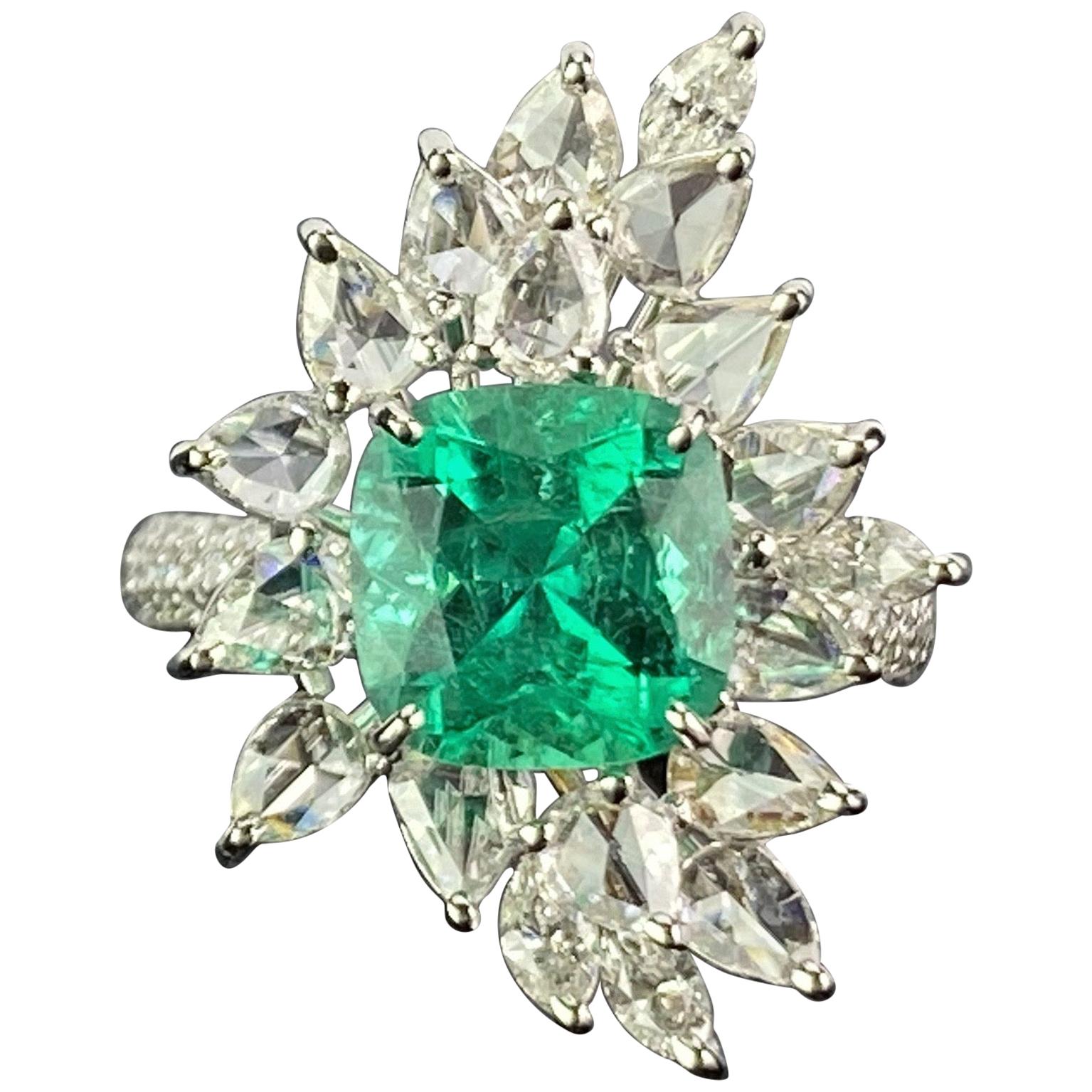 2.44 Carat Cushion, Shaped Colombian Emerald and Diamond Cocktail Ring