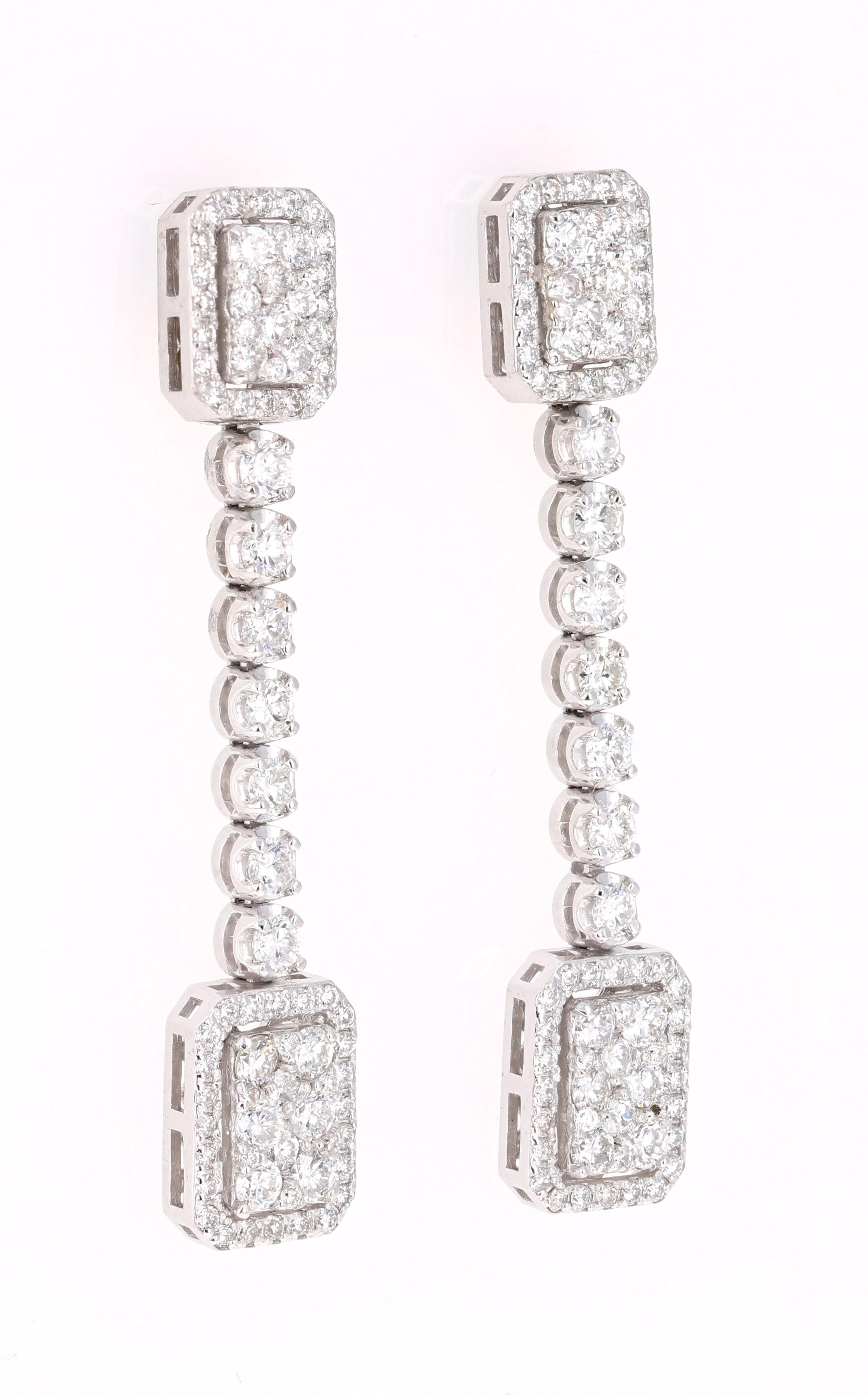 2.44 Carat Diamond Dangling 14 Karat White Gold Earrings

These delicate, yet intricate design earrings are sure to make a stunning statement!  There are 158 Round Cut Diamonds that weigh 2.44 Carats (Clarity: SI1/Color: F).  

Made in 14K White