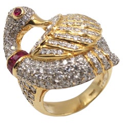 2.44 Carat Diamond Ruby 18K Gold Swan Statement Ring