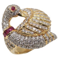 2.44 Carat Diamond Ruby 18K Gold Swan Statement Ring