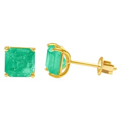 2.44 Carat Emerald Cut Natural Emerald Stud Earrings in 18k Solid Gold