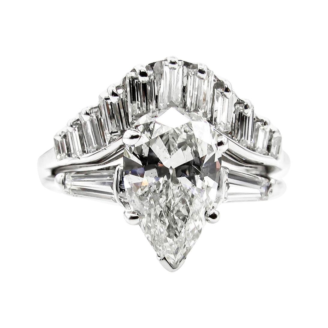 2.44 Carat Estate Vintage Pear Shaped Diamond White Gold Ring Wedding Set