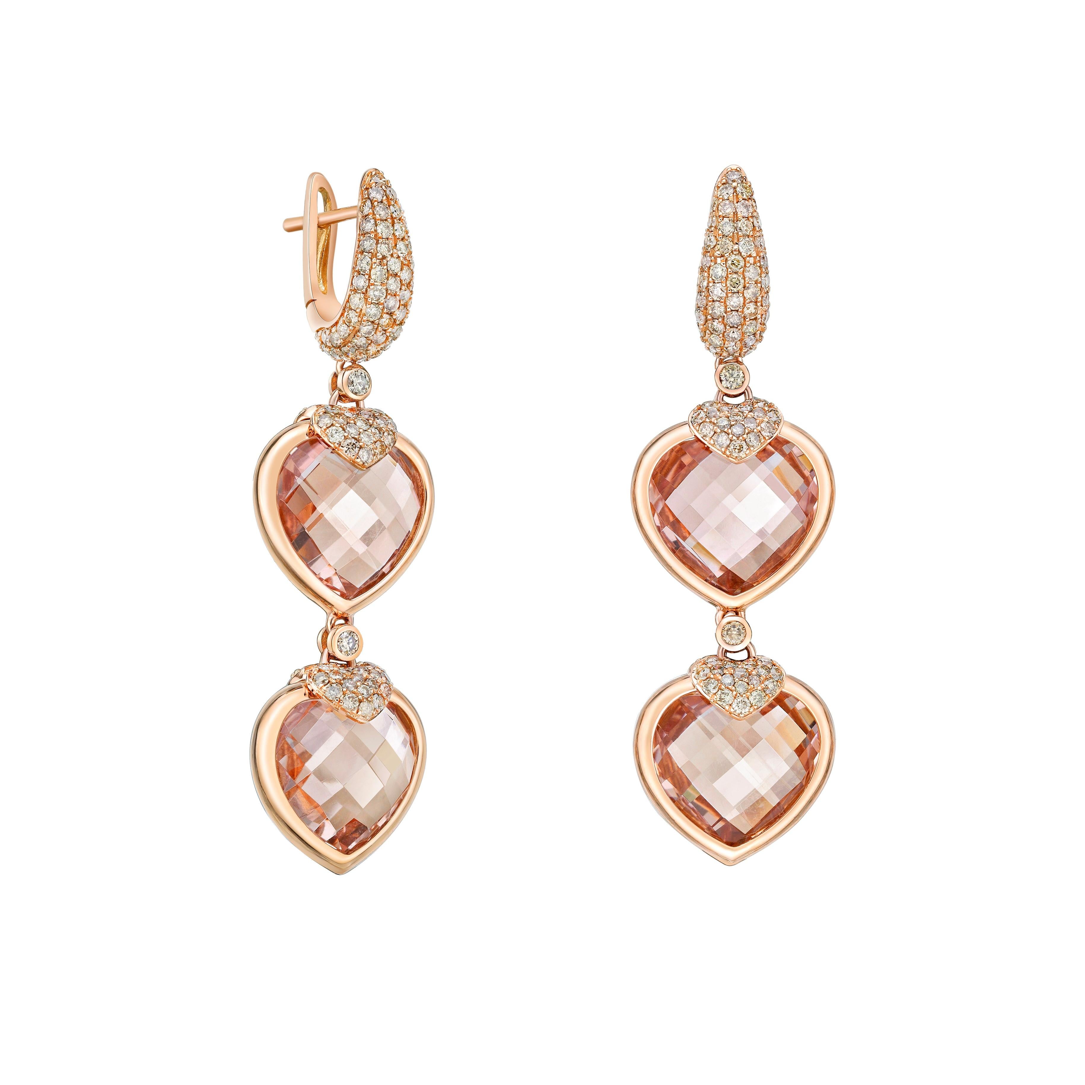 Heart Cut 24.4 Carat Morganite Heart Earrings in 18 Karat Gold with Diamond