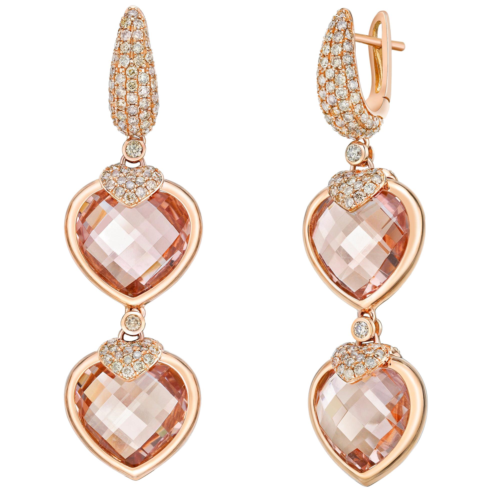 24.4 Carat Morganite Heart Earrings in 18 Karat Gold with Diamond