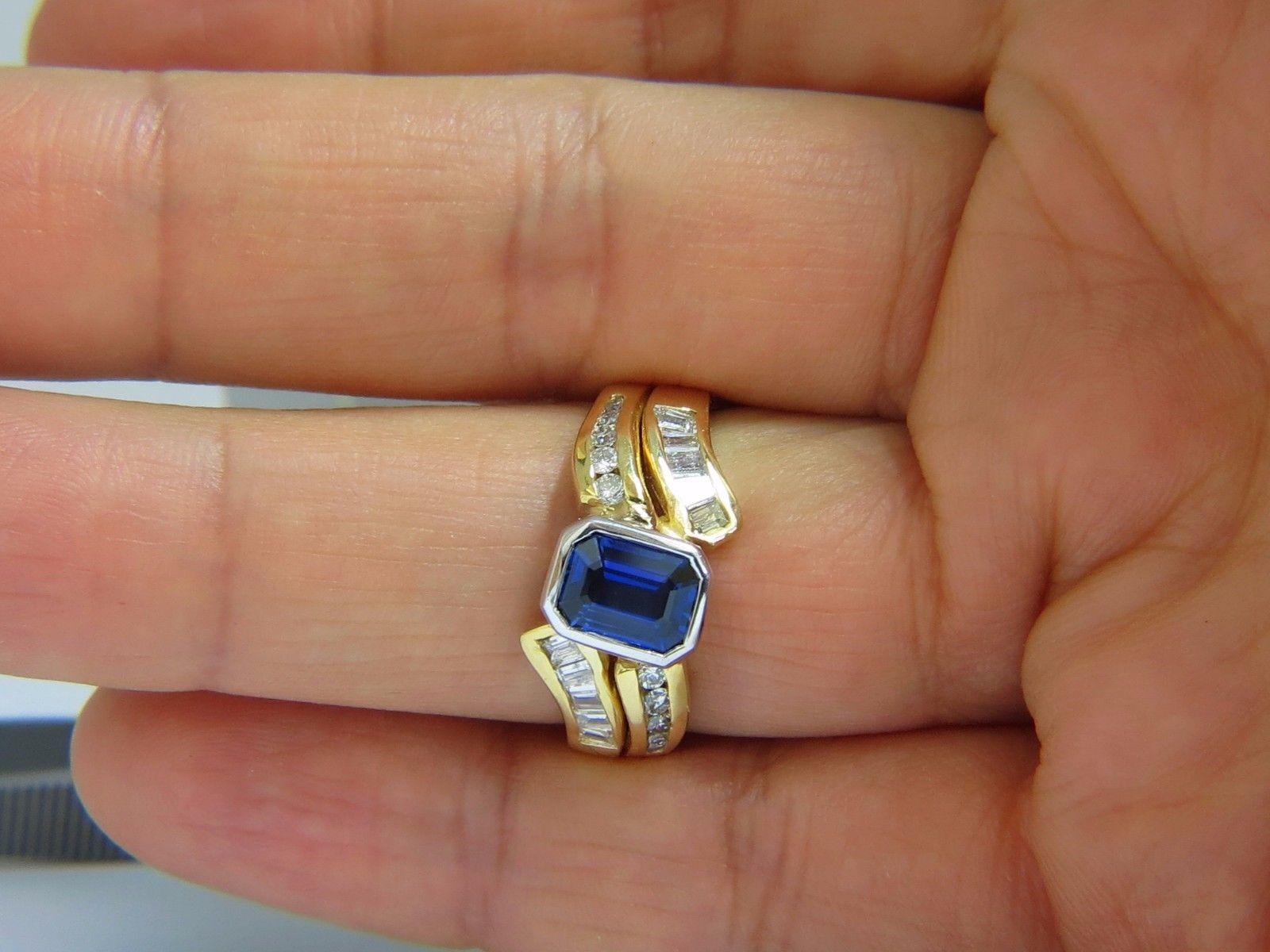 Bright Royal Blue

1.44ct. Natural Blue Sapphire

7.2 X 5.5mm diameter

Full cut emerald brilliant 

Clean Clarity & Transparent

1.00ct. Diamonds.

H-color Si-1 clarity.

  14kt. yellow gold

7.8 grams

Ring Current size: 9.75

(Free Resize