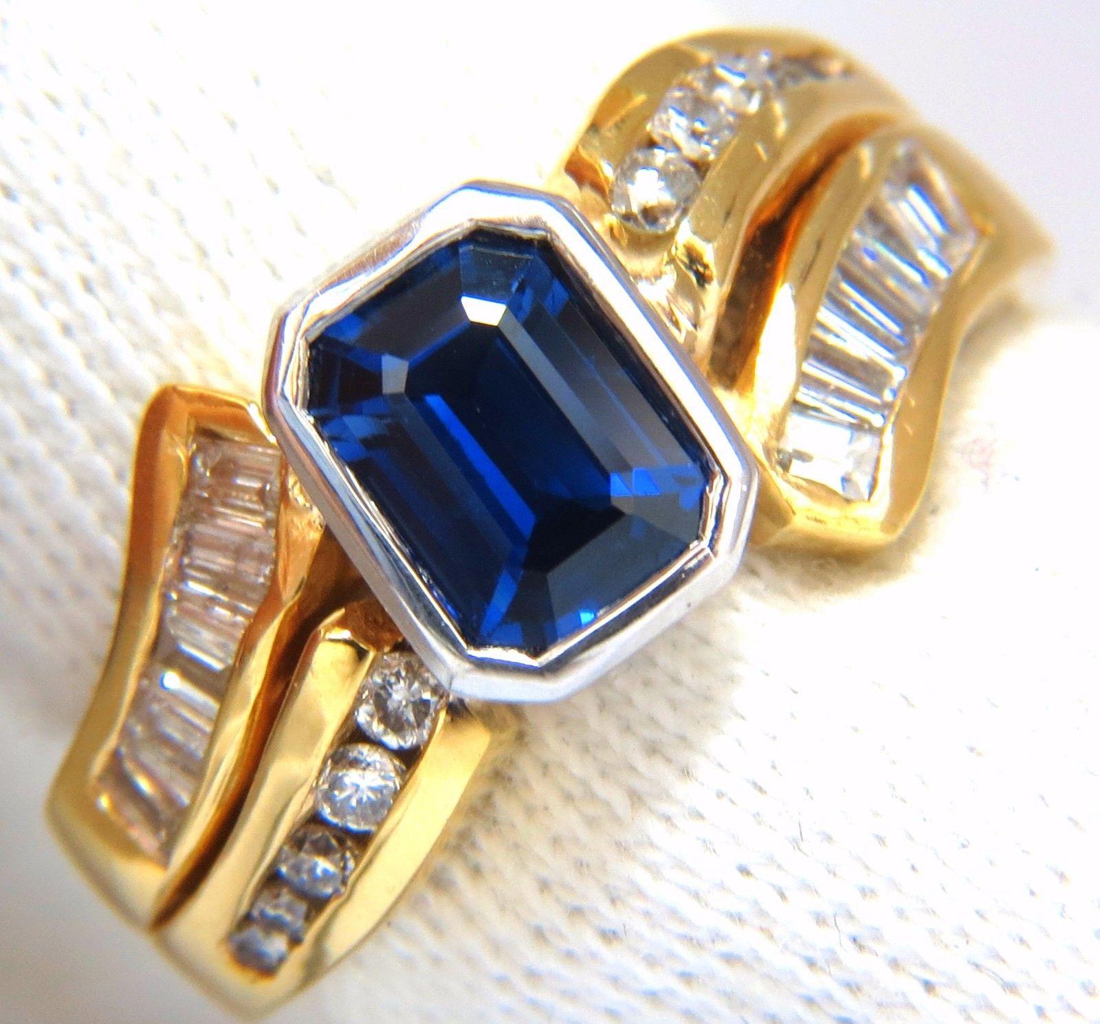 Emerald Cut 2.44 Carat Natural Blue Sapphire Diamonds Ring 14 Karat Royal Blue Traditional