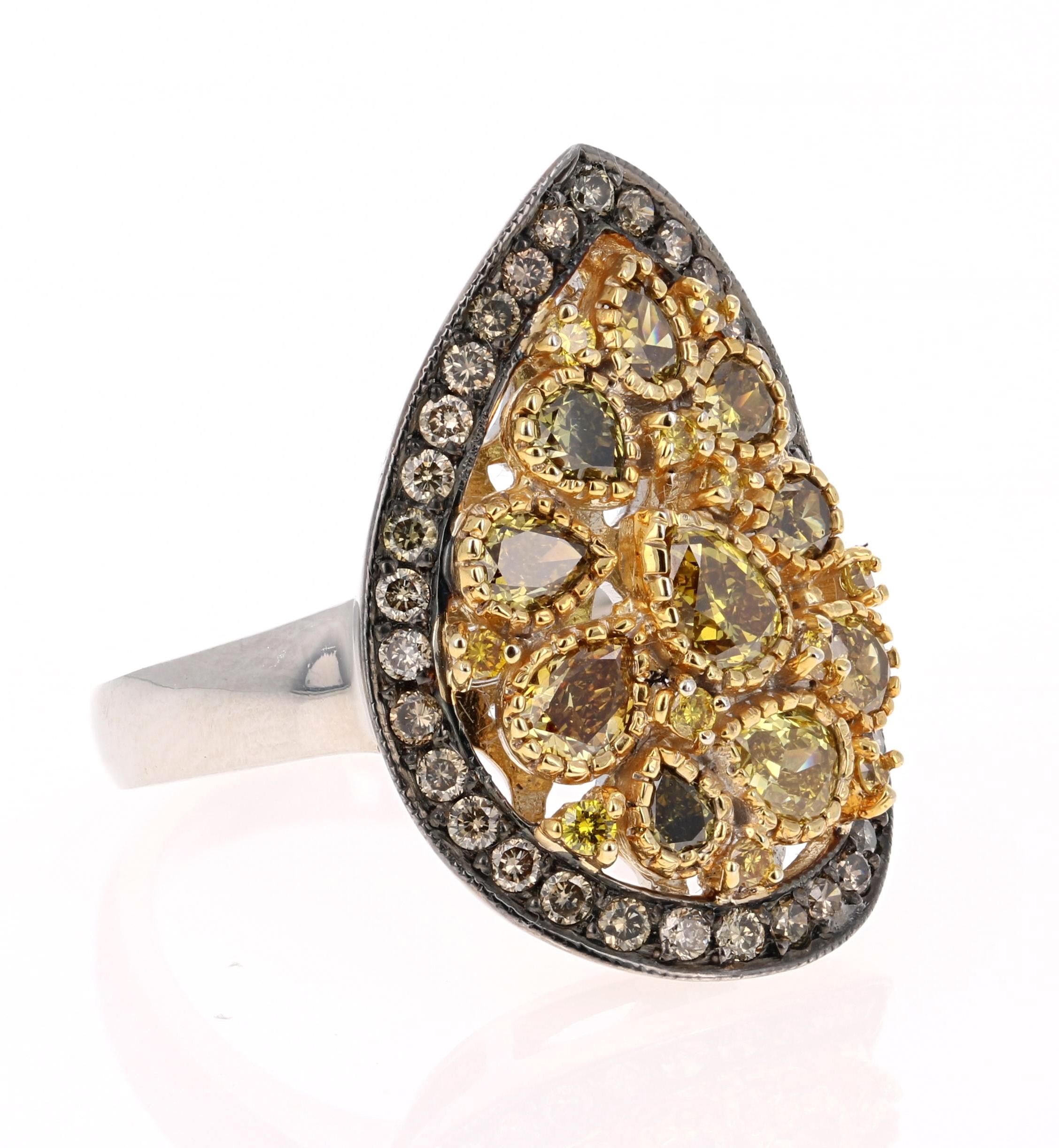 This magnificent beauty has 10 fancy color pear cut natural diamonds that weigh 1.74 Carats. It is further embellished with 35 Champagne Round Cut Diamonds that weigh 0.54 Carats and also adorned with 11 Yellow Round Cut Diamonds that weigh 0.16