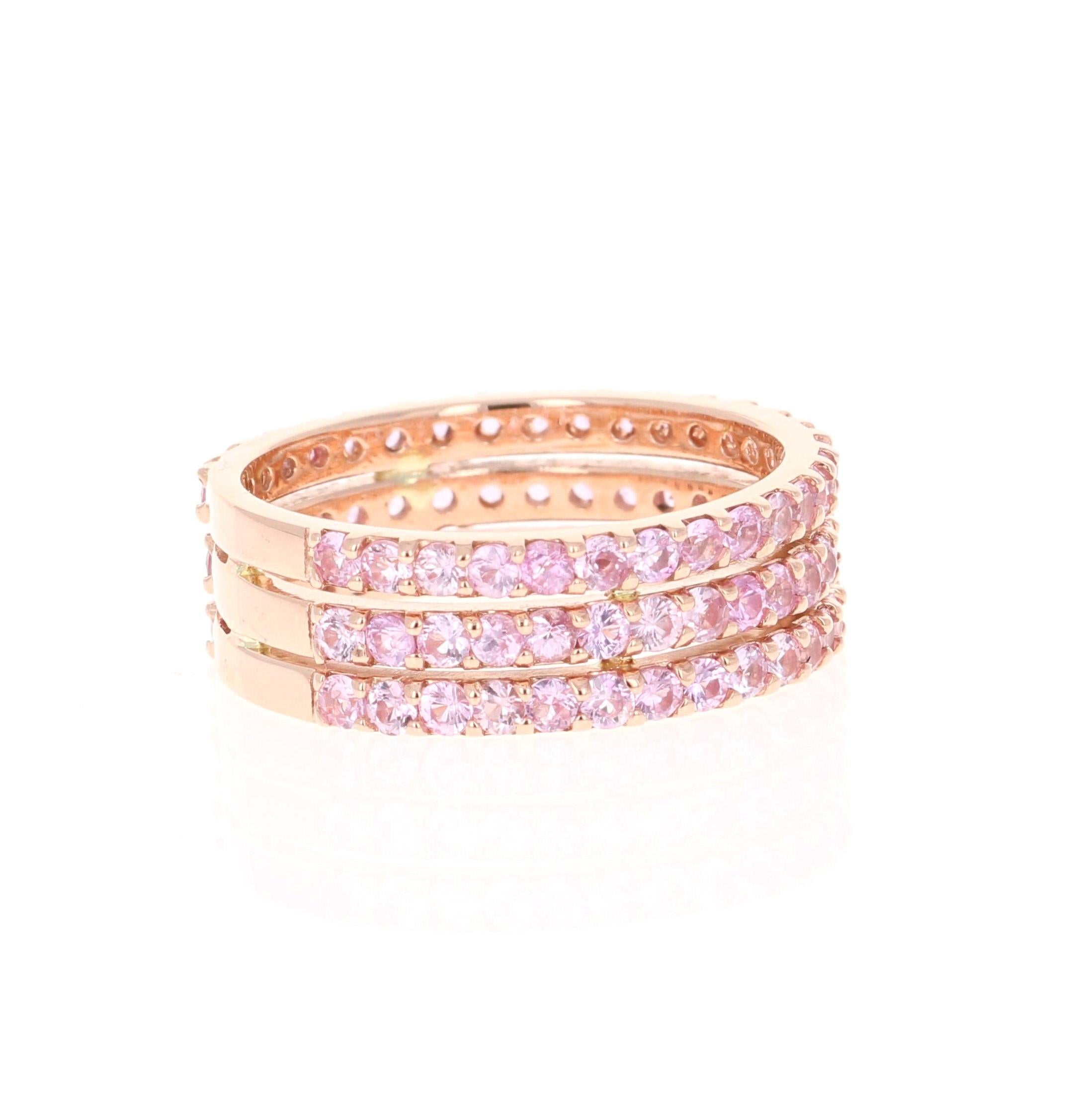 This ring has 90 Natural Round Cut Pink Sapphires that weigh 2.44 Carats. 

Crafted in 14 Karat Rose Gold and weighs approximately 4.6 grams 

The ring is a size 7 and can be re-sized at no additional charge!