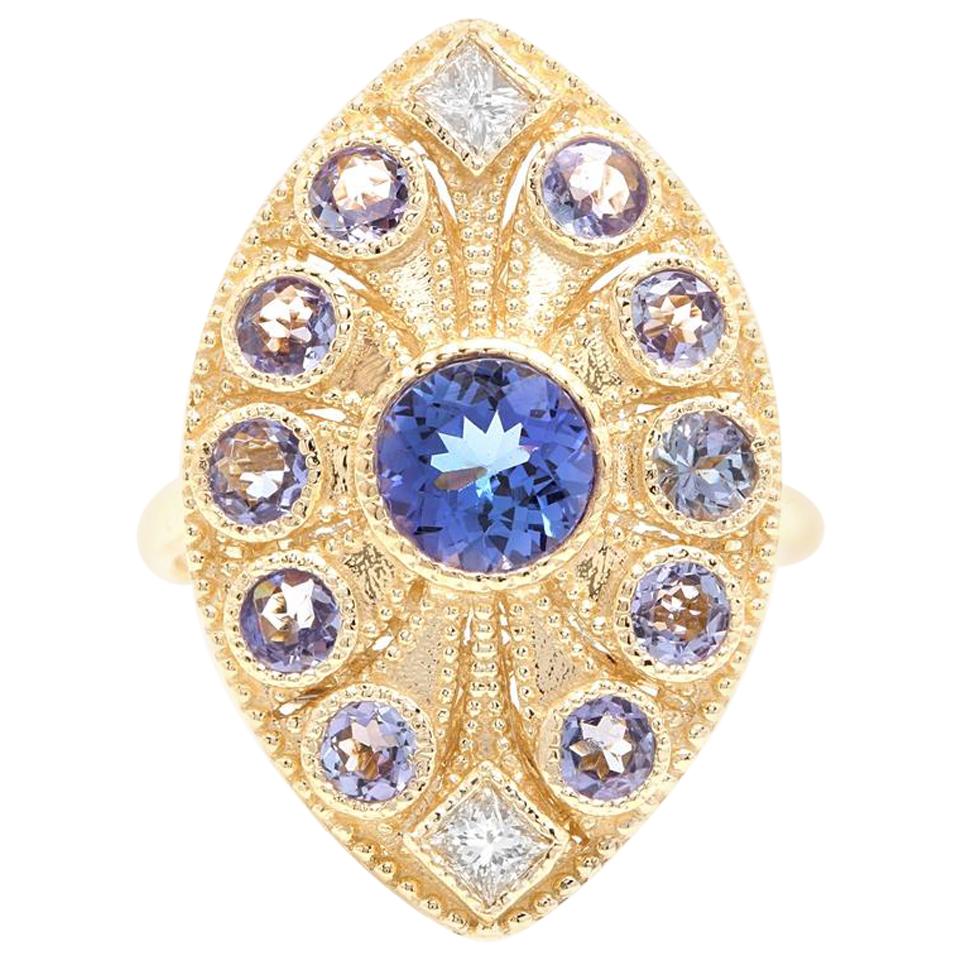 2.44 Carat Natural Tanzanite and Diamond 14 Karat Solid Yellow Gold Ring For Sale