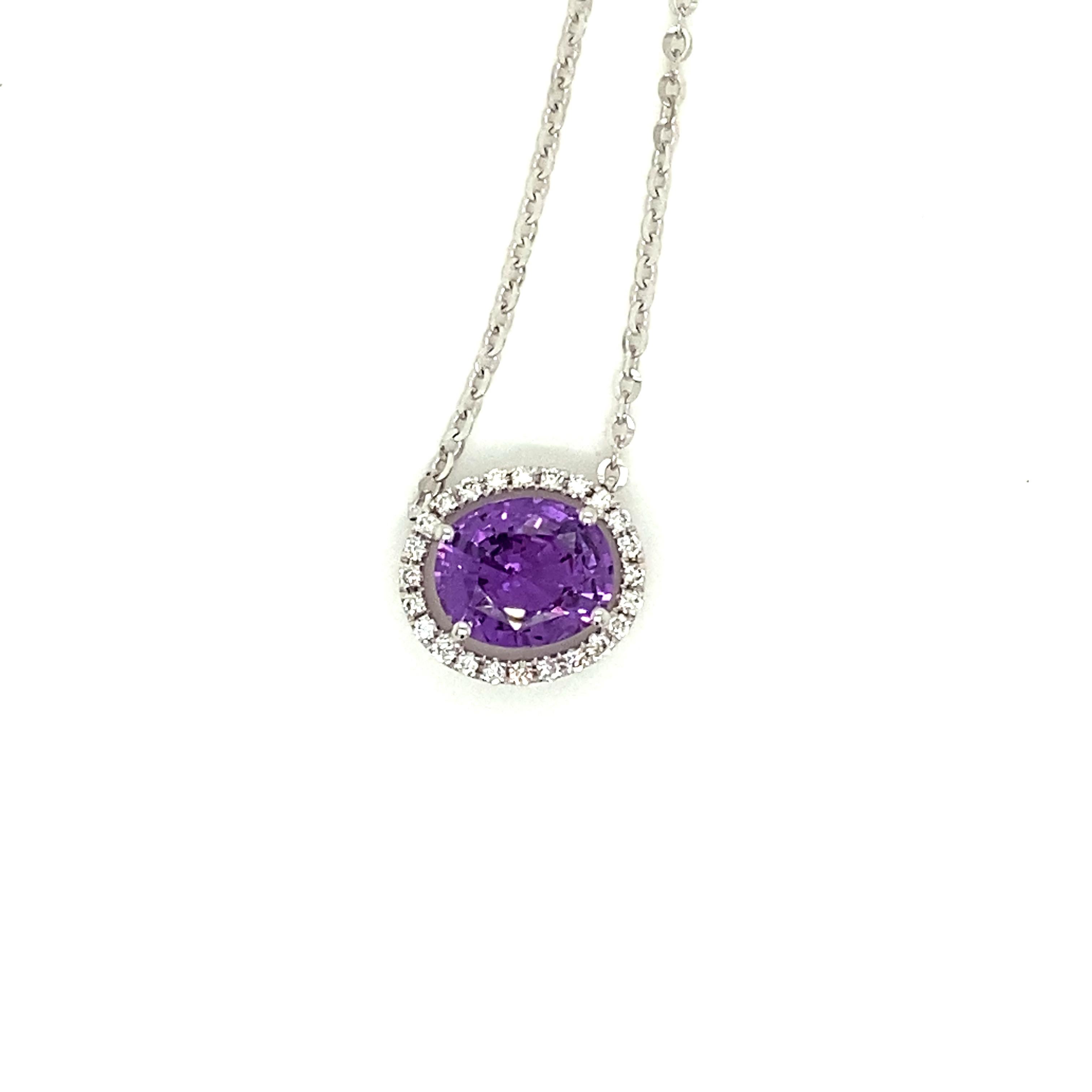 2.44 Carat Oval-Cut Purple Sapphire and White Diamond Pendant Necklace:

A beautiful pendant necklace, it features a 2.44 carat oval-cut purple sapphire in the centre surrounded by a halo of white round-brilliant cut diamonds weighing 0.15 carat.