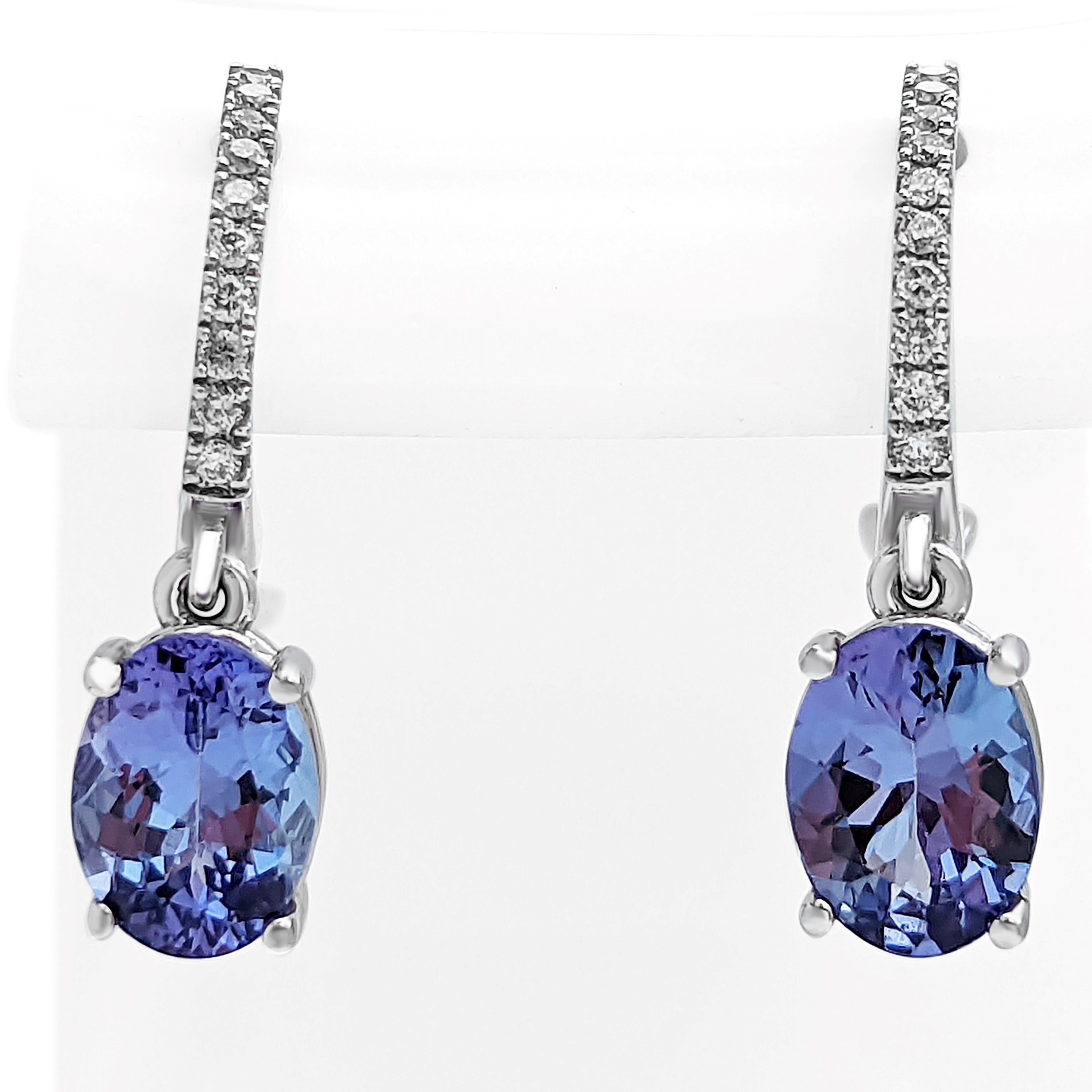 Oval Cut 2.44 Carat Tanzanite and 0.16 Ct Diamonds, 14 Kt. White Gold, Earrings