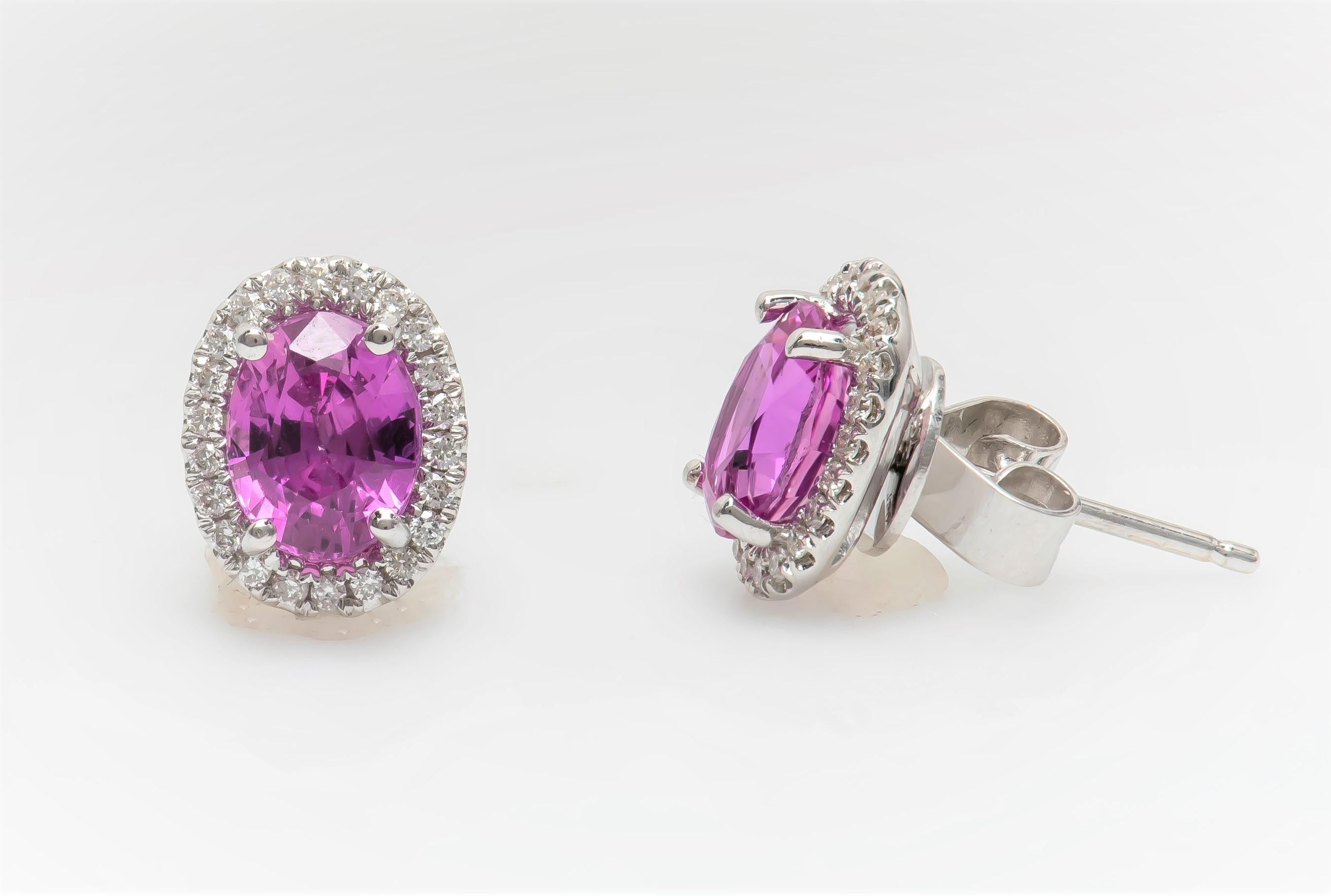 2.44 Carat Total Oval Natural Pink Sapphire Stud Earrings with Diamond Halos In New Condition In Houston, TX