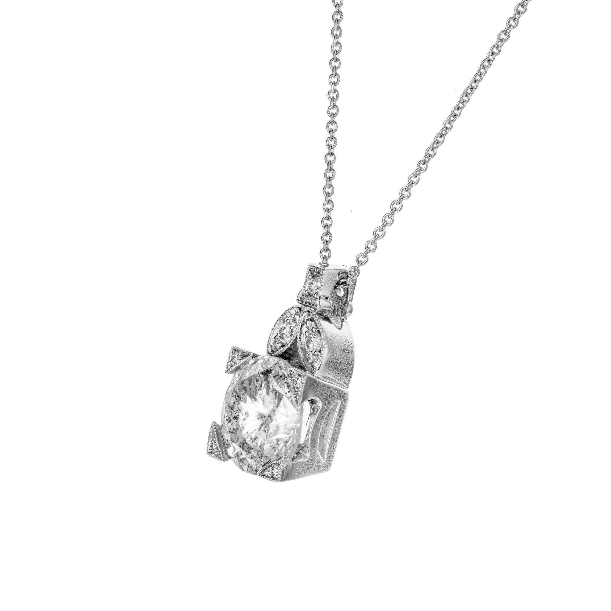 1930's Art Deco transitional cut diamond pendant necklace. EGL certified center stone set in platinum with 7 round cut accent diamonds on a platinum 18.50 inch chain. 

1 Transitional cut, approx. total weight 2.44ct, E to F color and I1 Clarity.