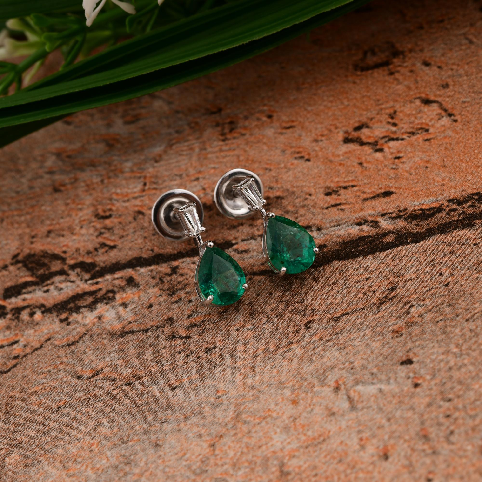 Pear Cut 2.44 Carat Zambian Emerald Earrings 0.12 Carat SI/H Diamond 14 Karat White Gold For Sale