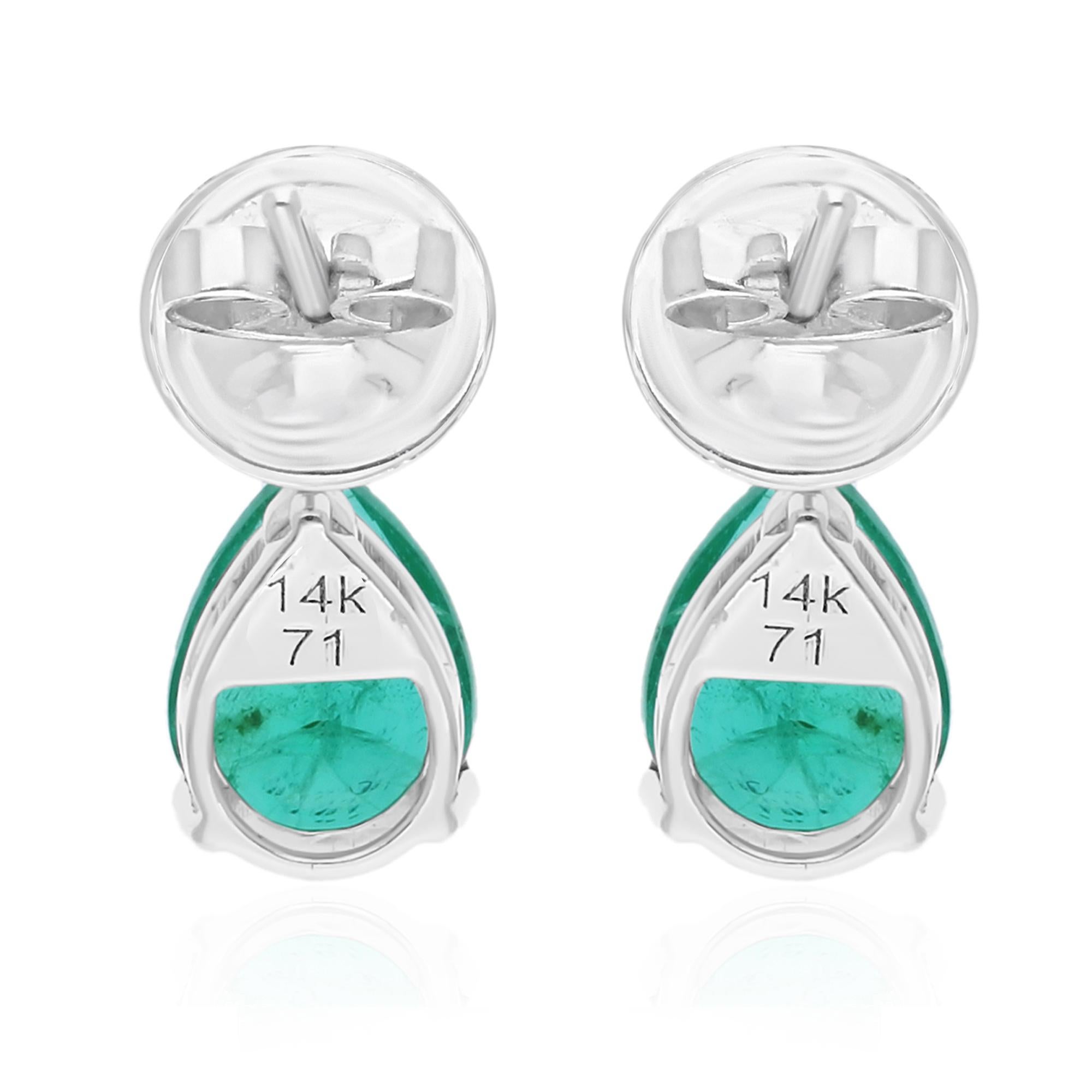 Women's 2.44 Carat Zambian Emerald Earrings 0.12 Carat SI/H Diamond 14 Karat White Gold For Sale