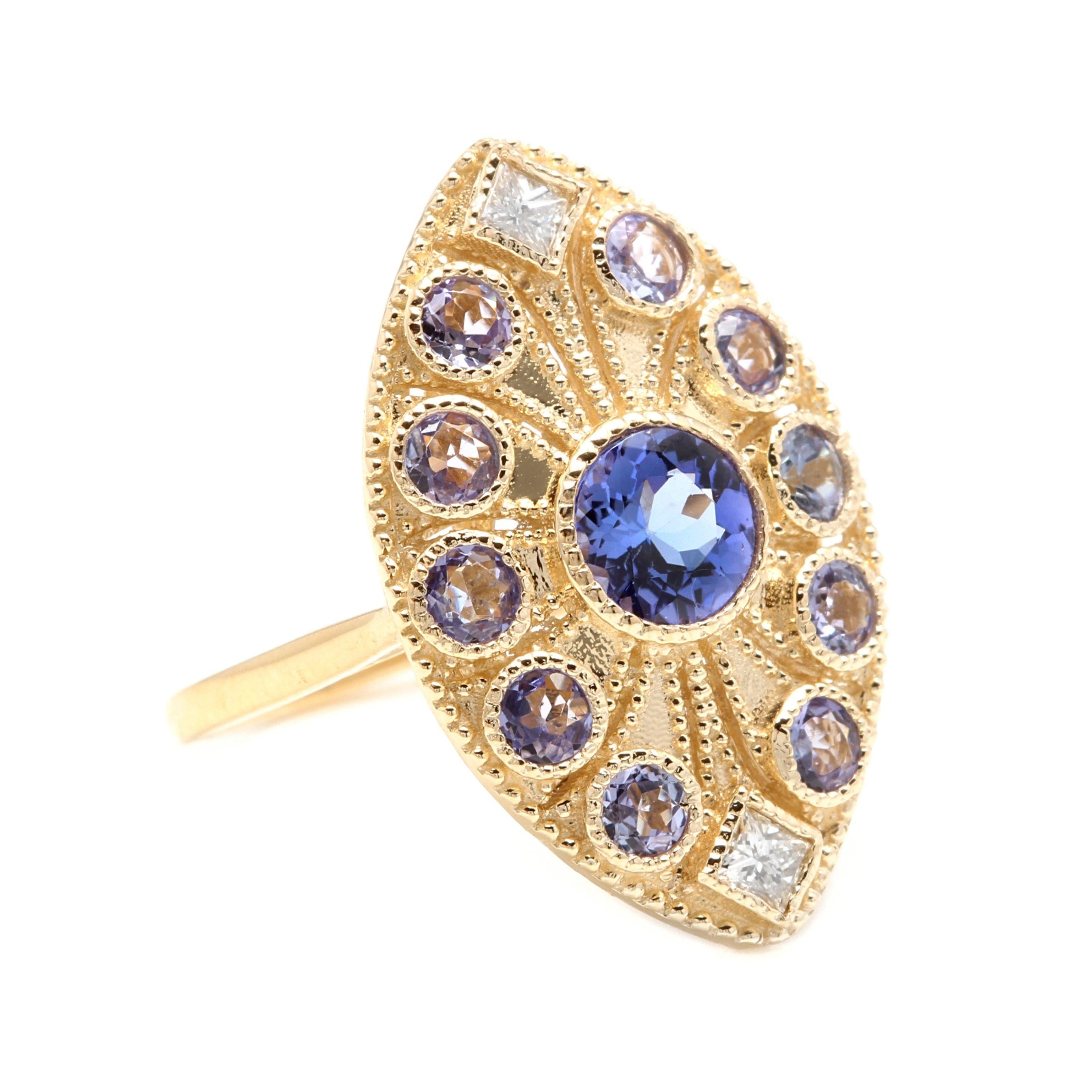 2.44 Carats Natural Very Nice Looking Tanzanite and Diamond 14K Solid Yellow Gold Ring

Total Natural Round Cut Center Tanzanite Weight is: Approx. 1.00 Carat

Tanzanite Measures: Approx. 6.20mm

Total Natural Side Tanzanites Weight is: Approx.