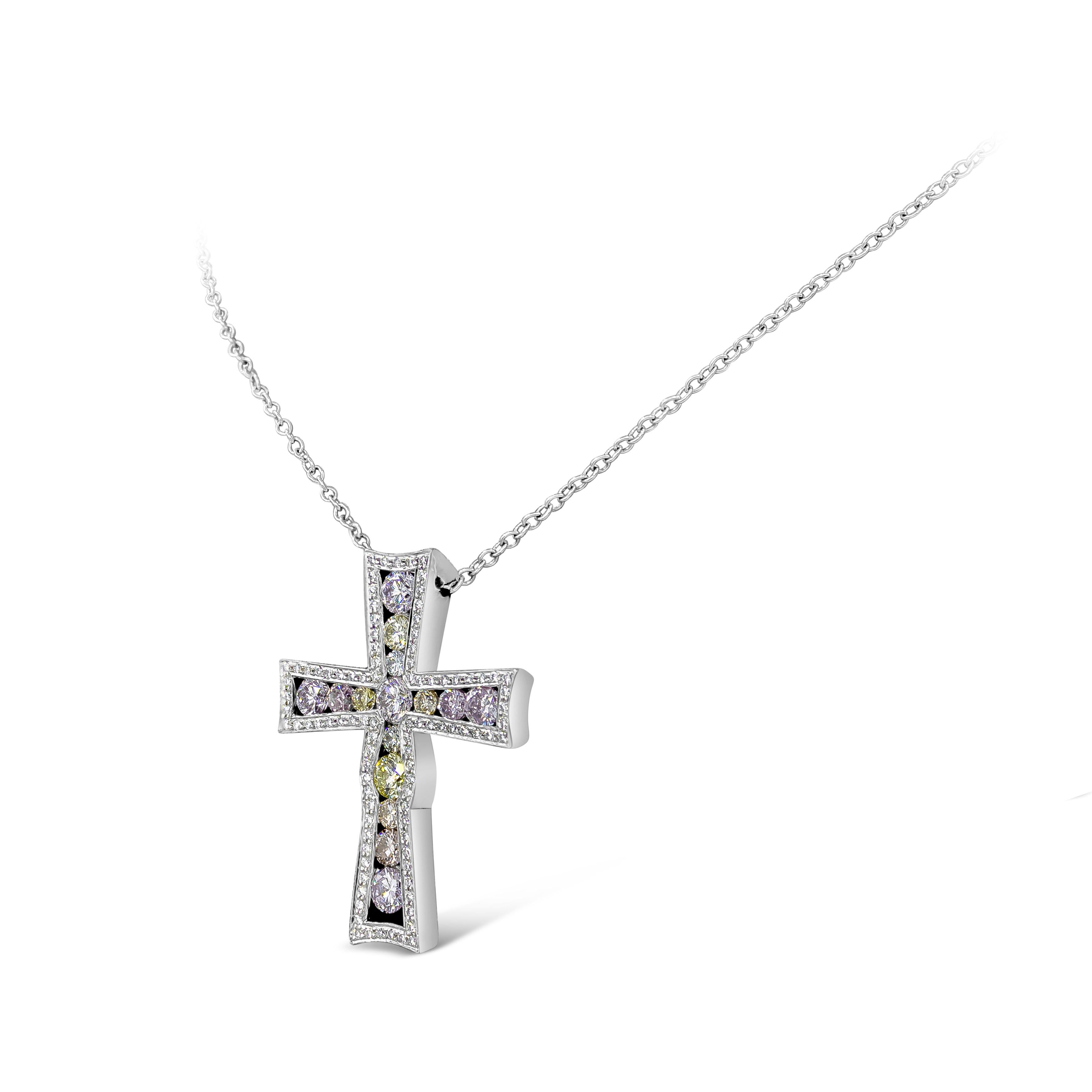 A gorgeous cross pendant necklace, showcasing 2.44 carats total of bezel-set round brilliant cut fancy color diamonds. Accented by a halo of round cut diamonds, set on platinum. Attached to an 18 inches adjustable chain. 

Roman Malakov is a custom