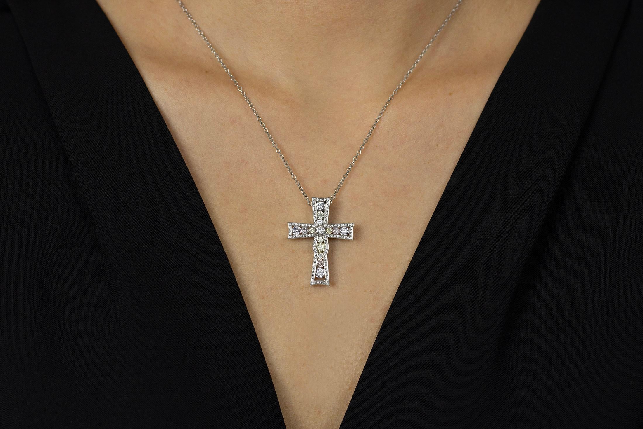 Contemporary 2.44 Carats Total Brilliant Round Diamonds Bezel Cross Religious Pendant Necklac For Sale