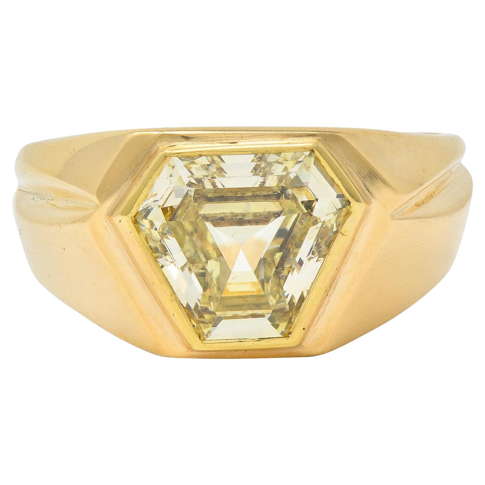 2.44 CTW Hexagonal Fancy Yellow Diamond 14 Karat Gold Vintage Unisex Ring GIA For Sale