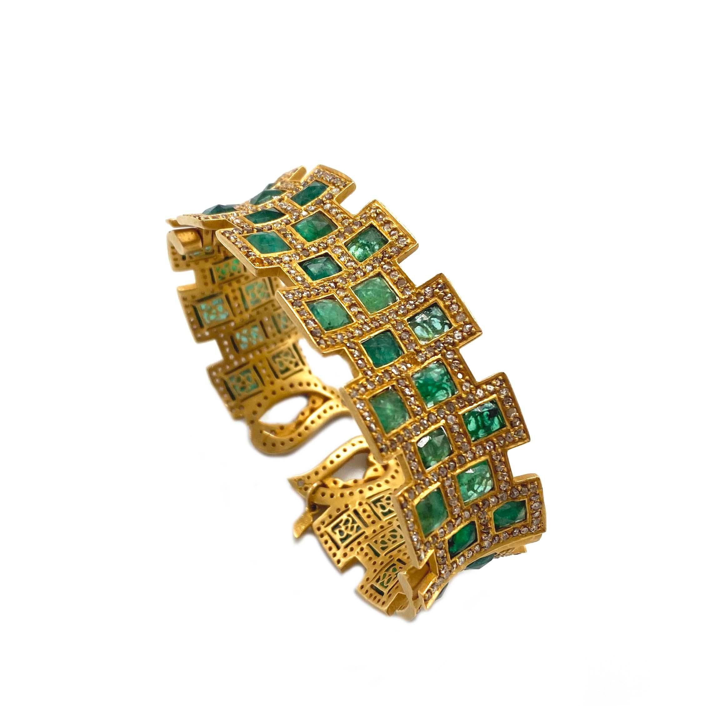 Stunning statement bracelet from Coomi set in the bold color of Emerald weighing approximately 24.40cts and Diamonds 6.61cts made with 20 Karat Yellow Gold, brought to you from the luminosity collection, which consists of bold design and reflects