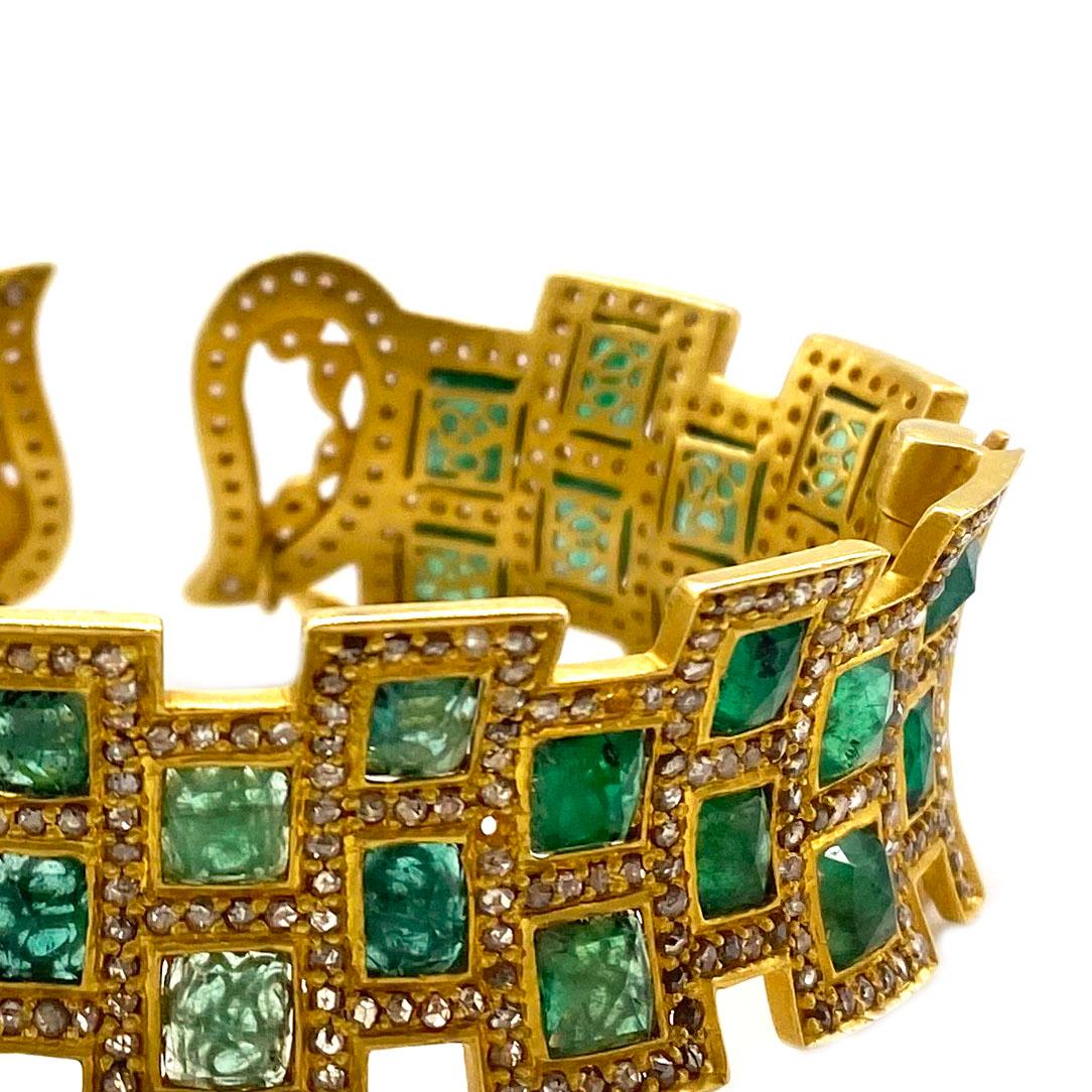 Square Cut 24.40 Carat Emerald Mosaic Art Deco Style Modern Coomi Cuff Bracelet For Sale
