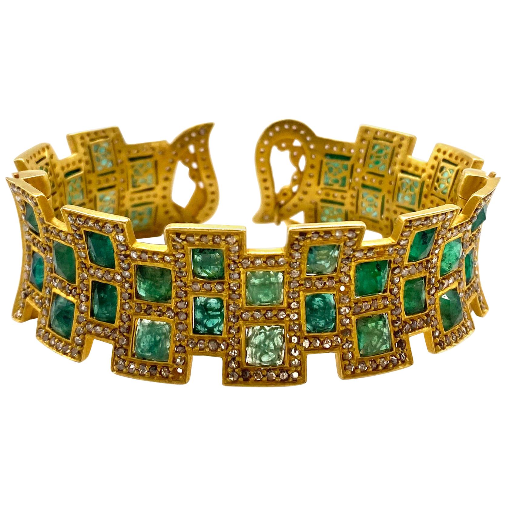 24.40 Carat Emerald Mosaic Art Deco Style Modern Coomi Cuff Bracelet For Sale