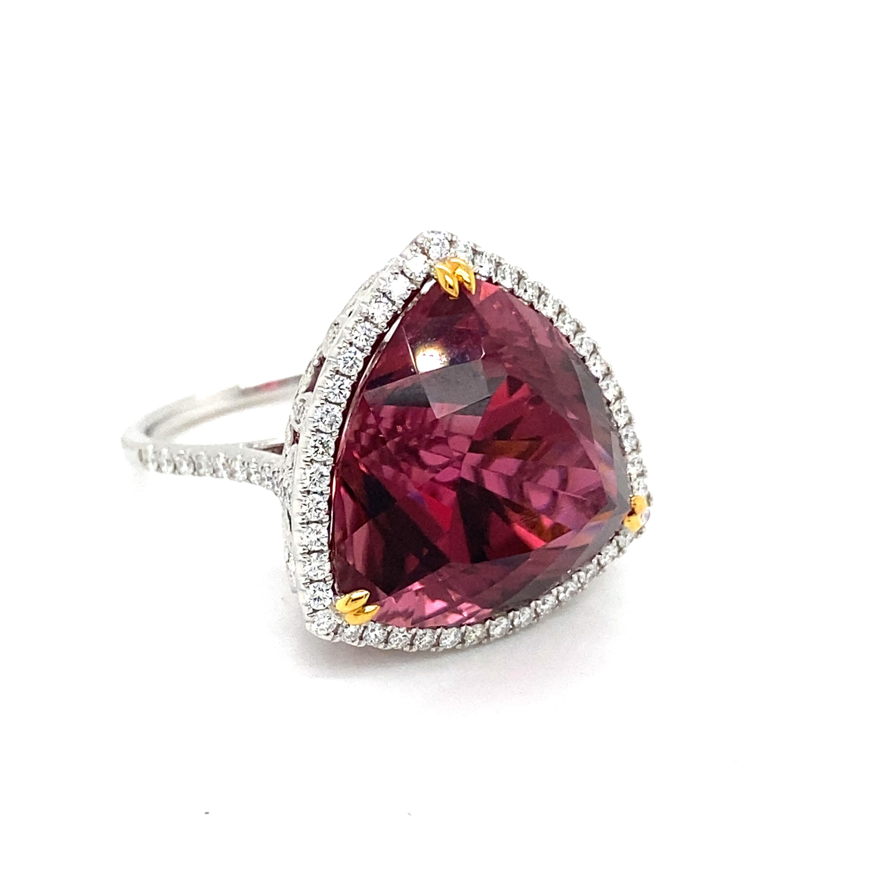 Women's or Men's 24.42 Carat Trillion Cut Rubellite Tourmaline and Diamond Cocktail Ring For Sale