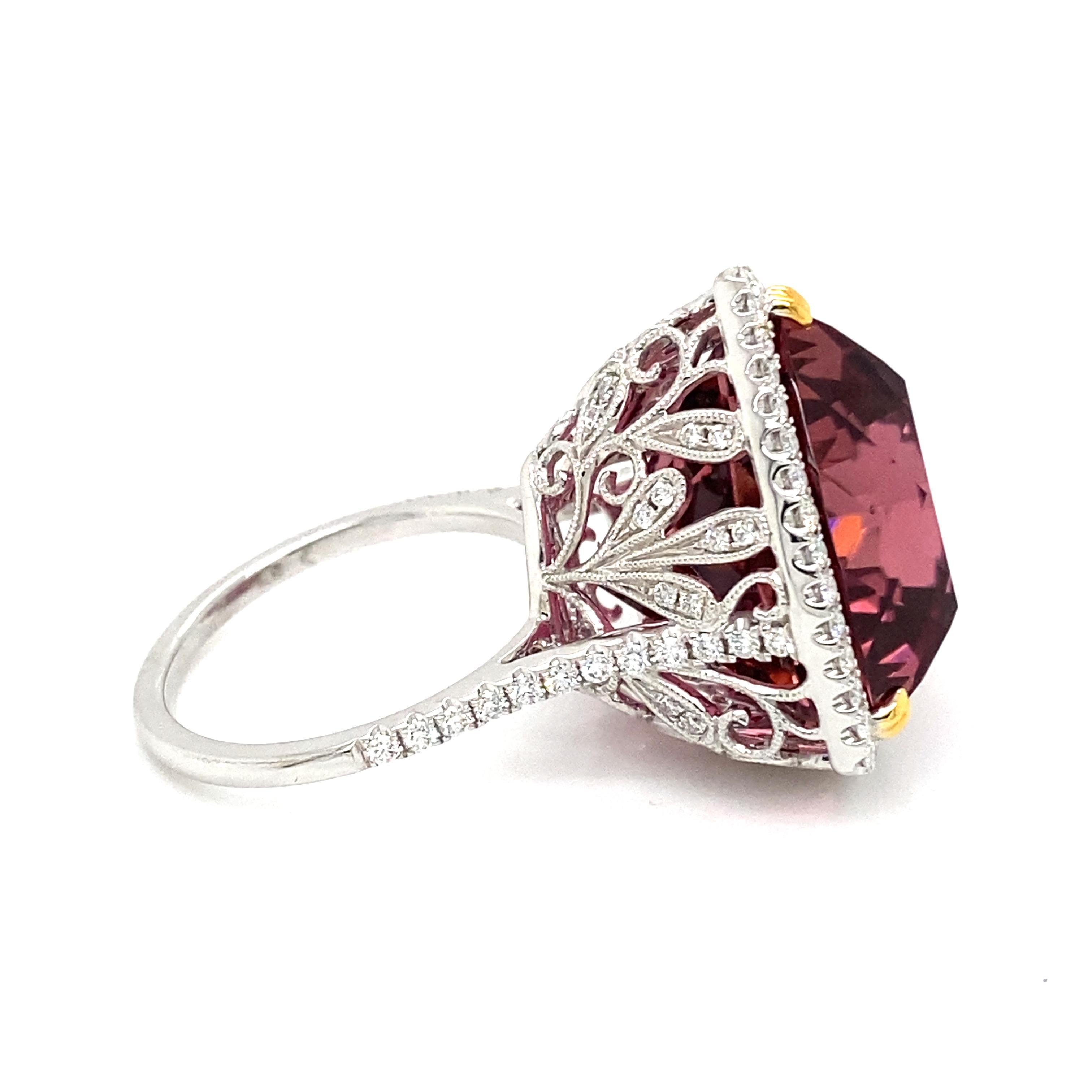 Women's or Men's 24.42 Carat Trillion Cut Rubellite Tourmaline and Diamond Cocktail Ring For Sale