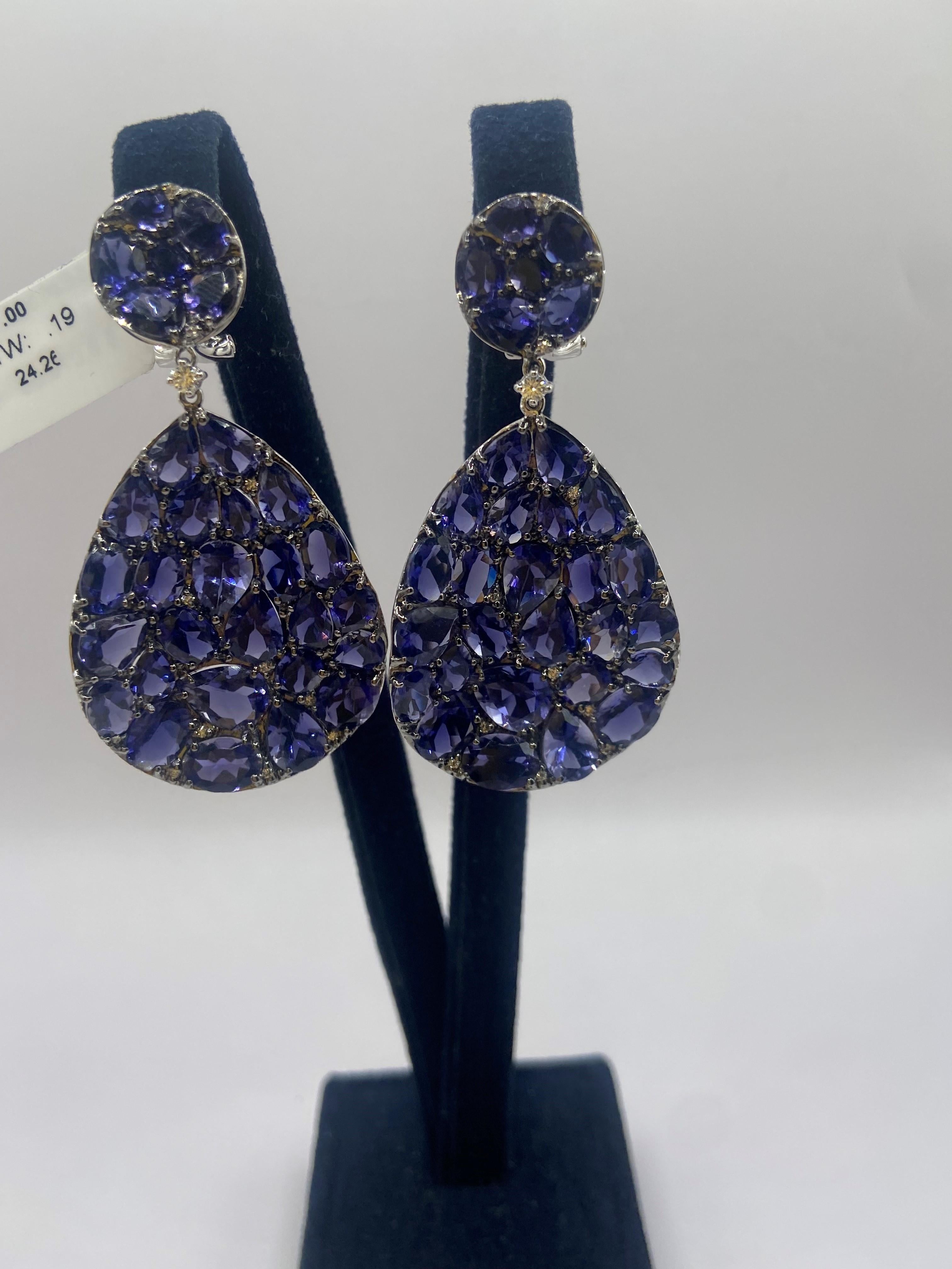 Modern 24.45ct Rose Cut Blue Iolite & Round Diamond Earrings in 18KT White Gold For Sale