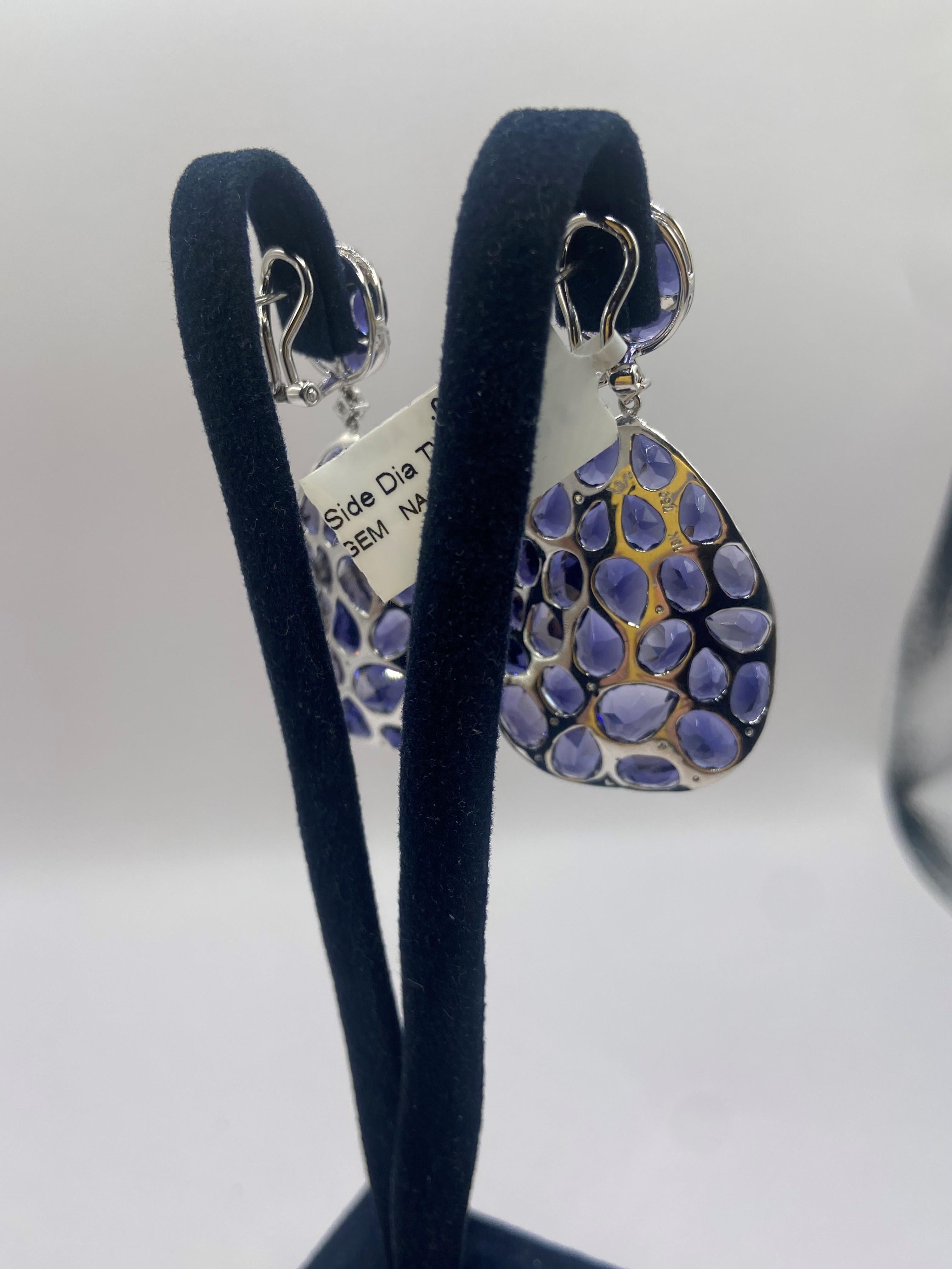 24.45ct Rose Cut Blue Iolite & Round Diamond Earrings in 18KT White Gold In New Condition For Sale In New York, NY