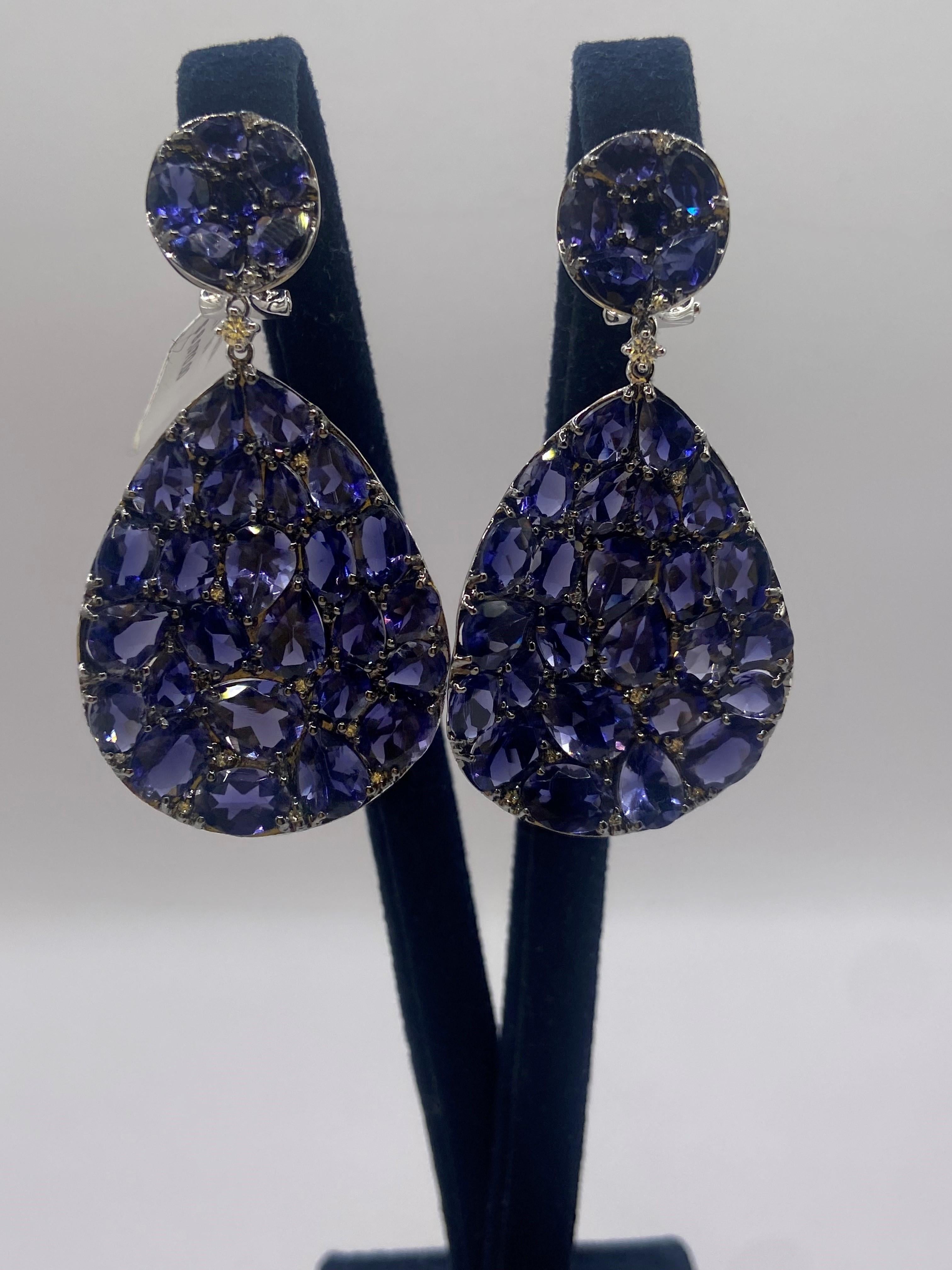 Women's or Men's 24.45ct Rose Cut Blue Iolite & Round Diamond Earrings in 18KT White Gold For Sale
