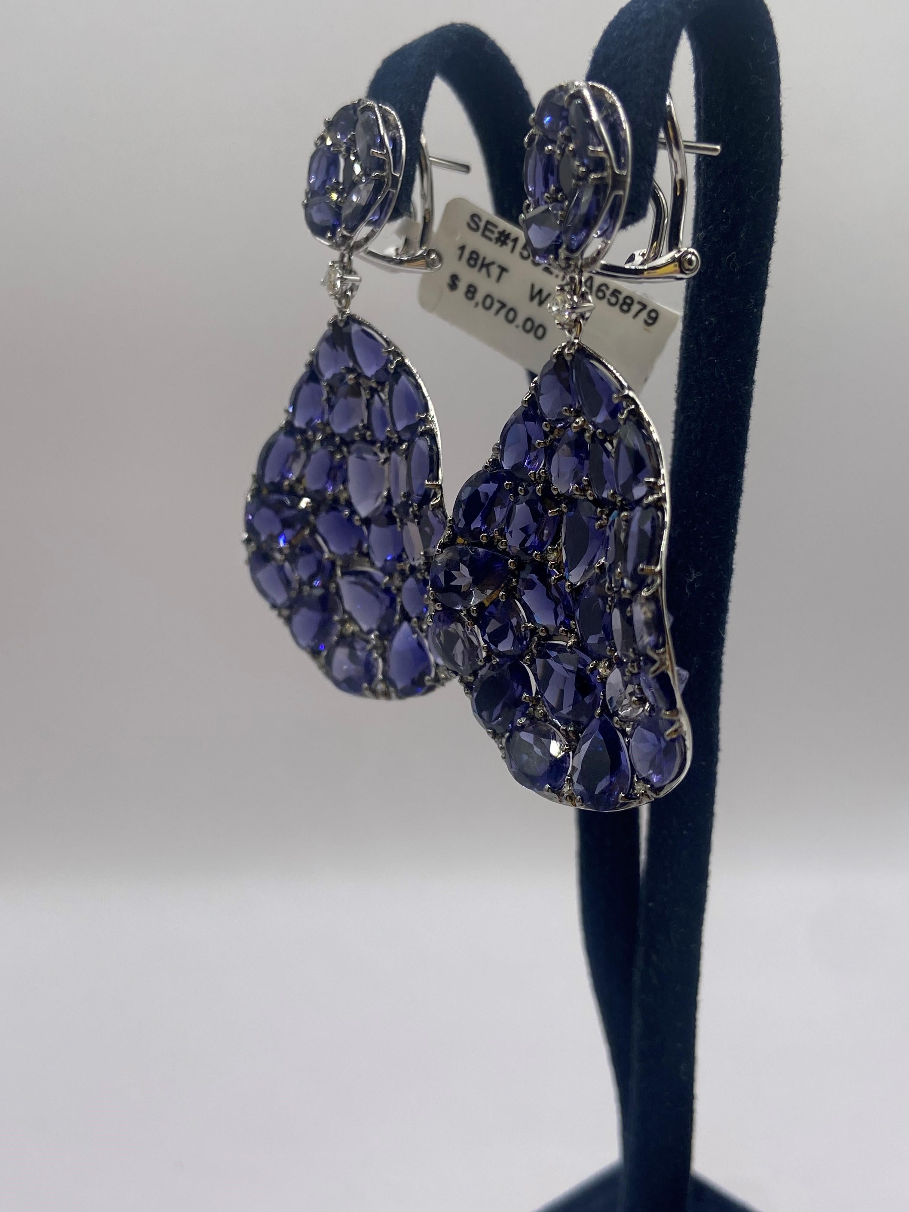 24.45ct Rose Cut Blue Iolite & Round Diamond Earrings in 18KT White Gold For Sale 1