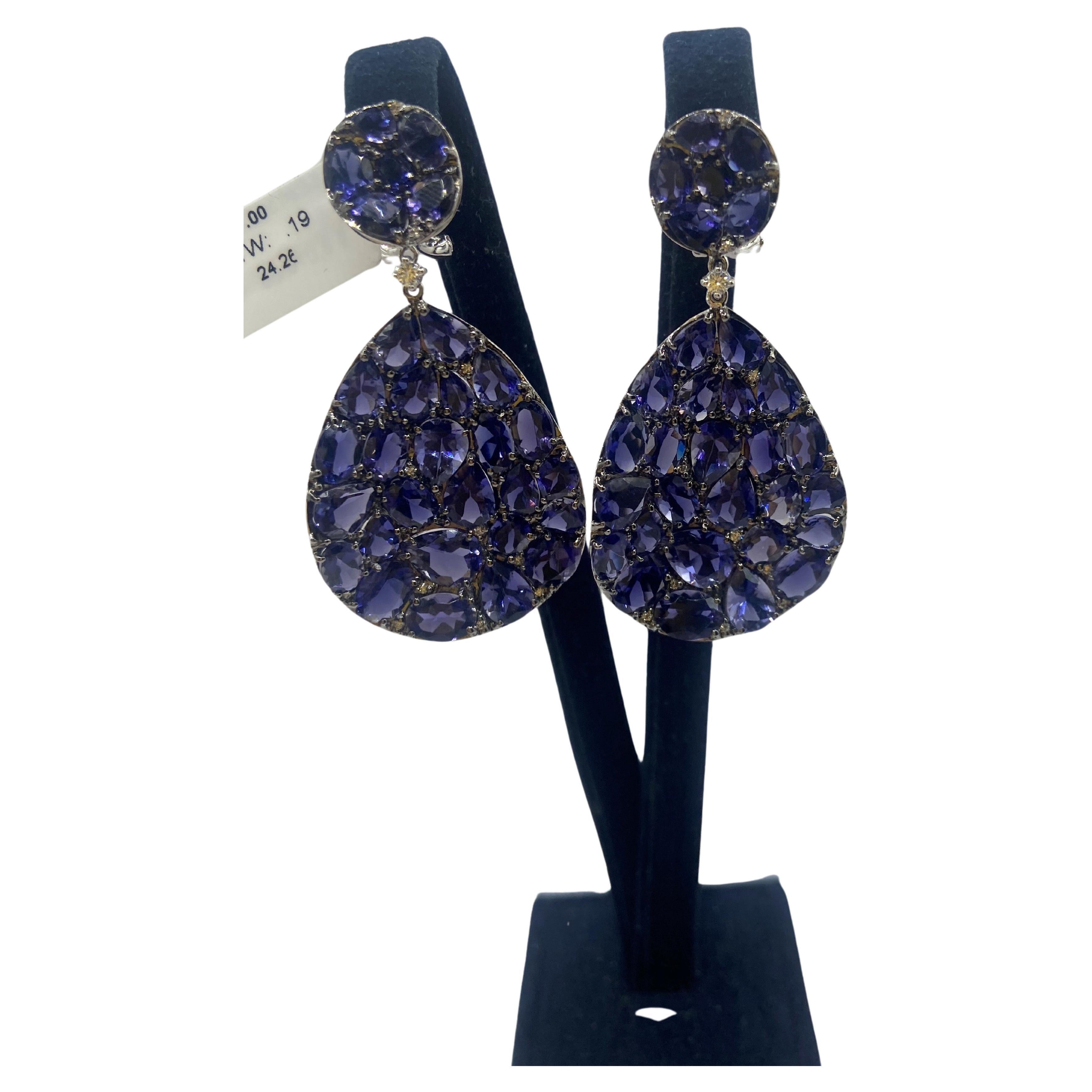 24.45ct Rose Cut Blue Iolite & Round Diamond Earrings in 18KT White Gold For Sale
