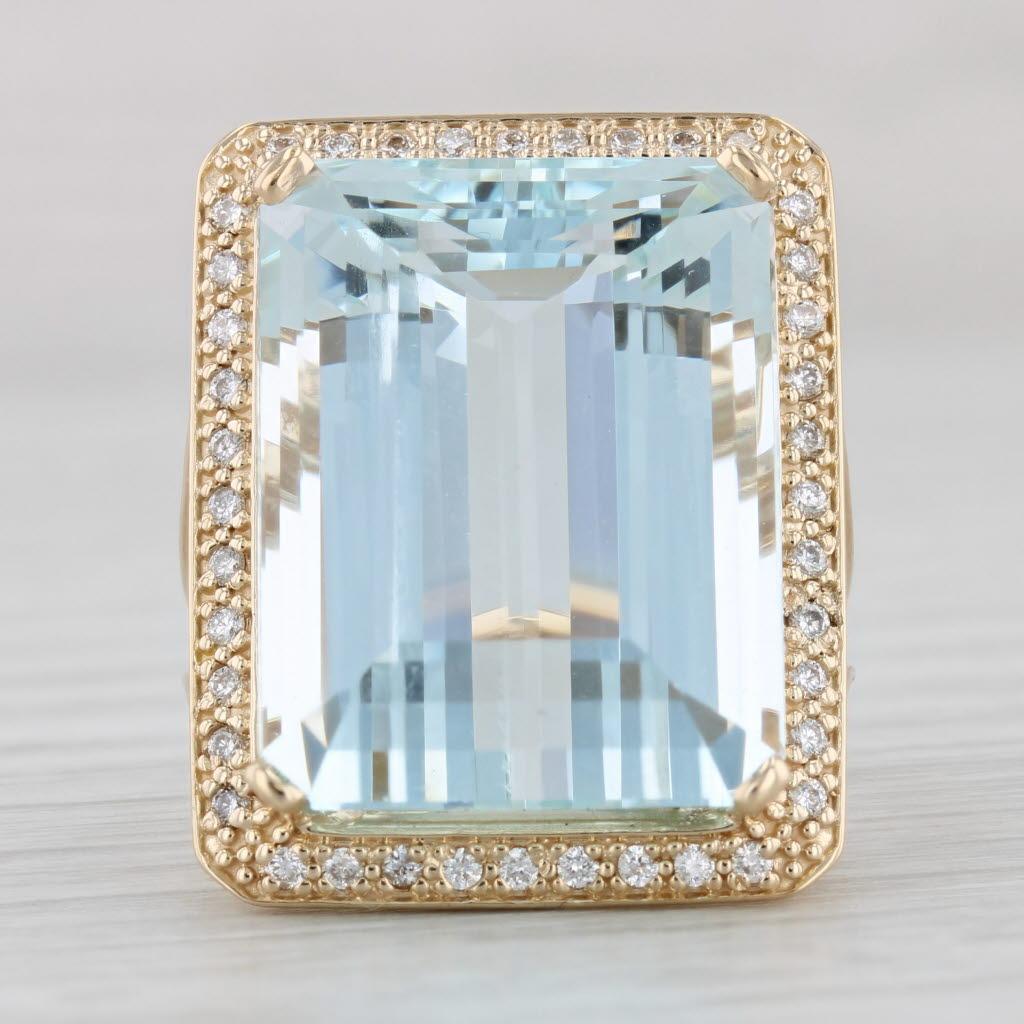 24.45ctw Aguamarina Anillo Halo Diamante Oro Amarillo 14k Talla 6 Cocktail en Bueno estado para la venta en McLeansville, NC