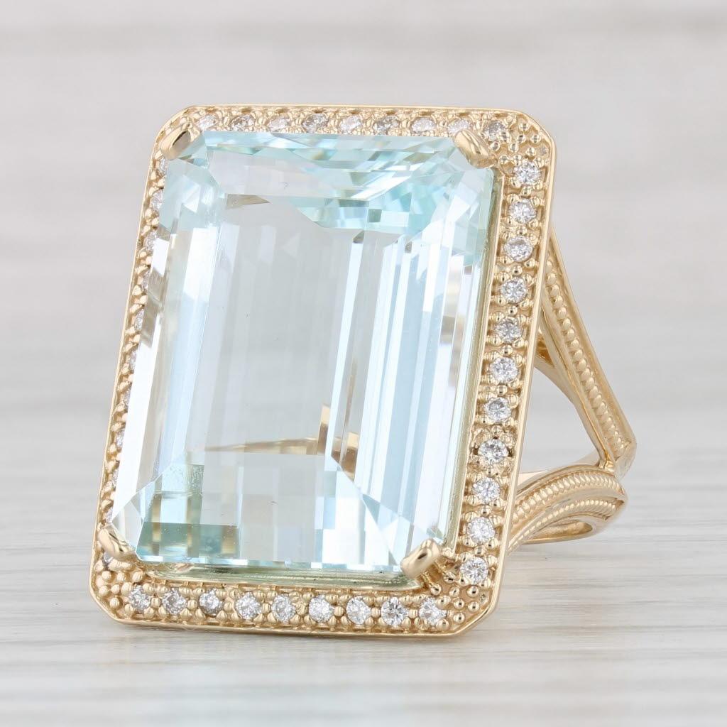 24.45ctw Aguamarina Anillo Halo Diamante Oro Amarillo 14k Talla 6 Cocktail en venta