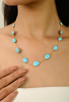 24.46Ct Certified Natural Turquoise Cabochon Station Necklace in 14K Yellow Gold