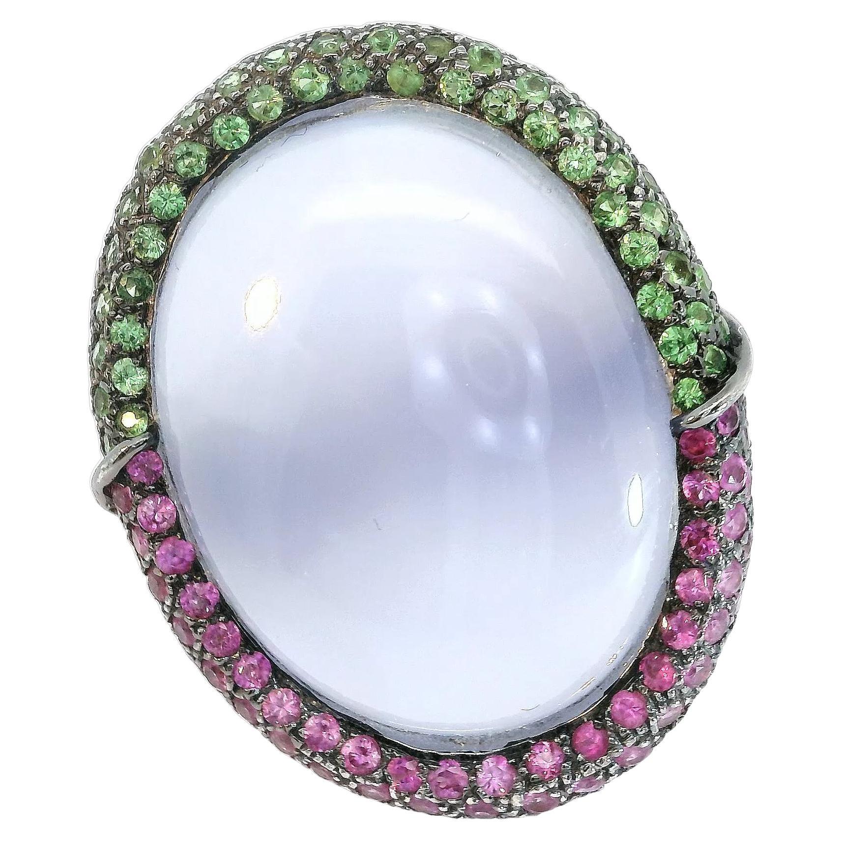 24.47 Carat Medallion Cabochon Chalcedony Ring Pink Sapphire and Tsavorite Halo For Sale
