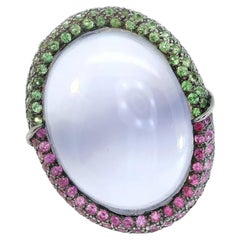 24.47 Carat Medallion Cabochon Chalcedony Ring Pink Sapphire and Tsavorite Halo