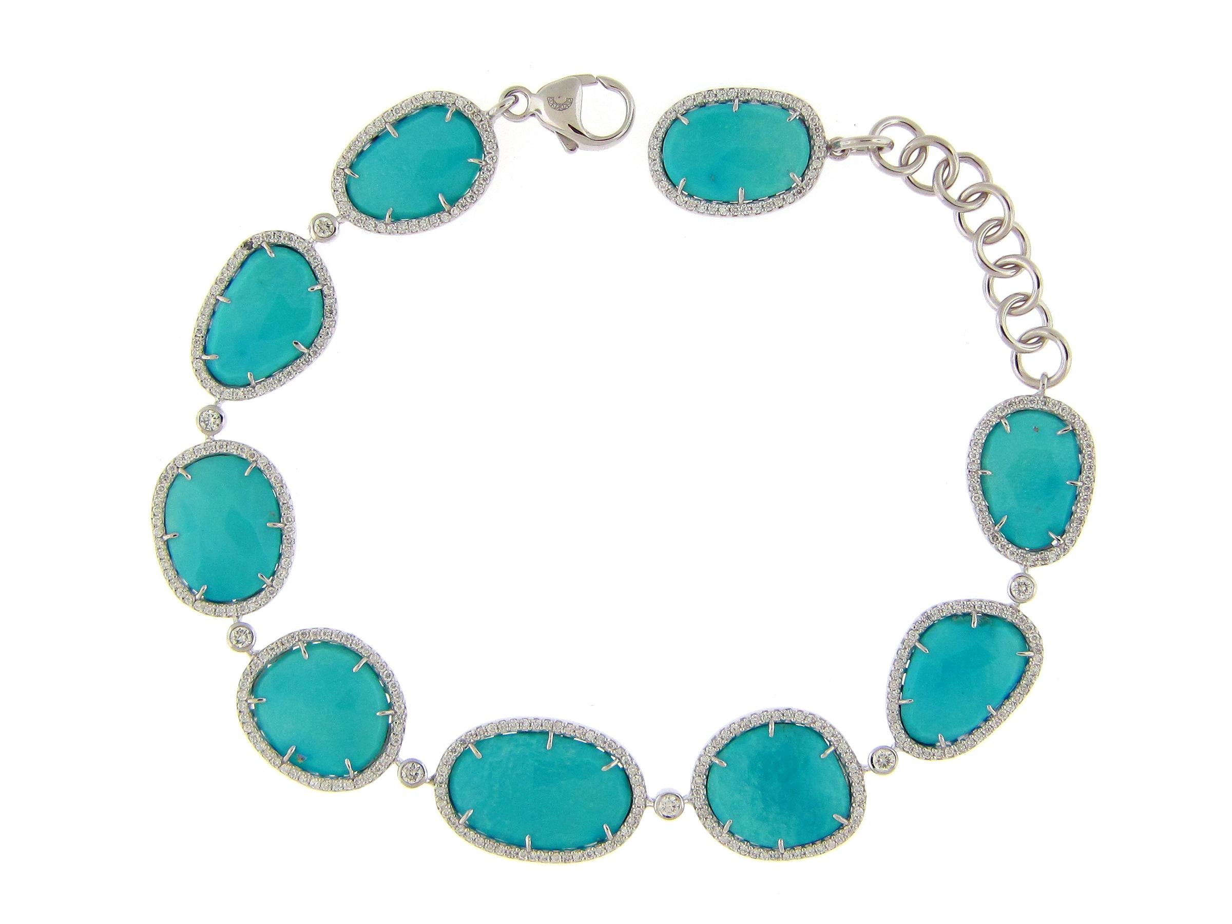 Pulsera de oro blanco con turquesa talla rosa y diamantes de 24.74 quilates Corte rosa en venta