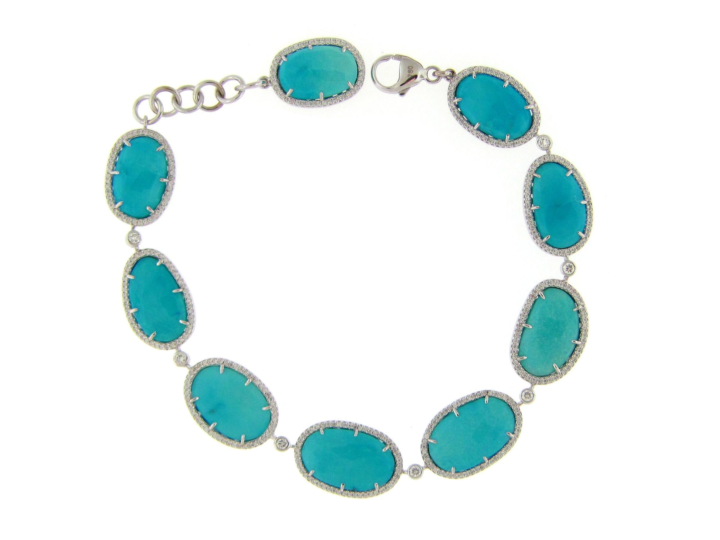 Pulsera de oro blanco con turquesa talla rosa y diamantes de 24.74 quilates en Nuevo estado para la venta en Great Neck, NY