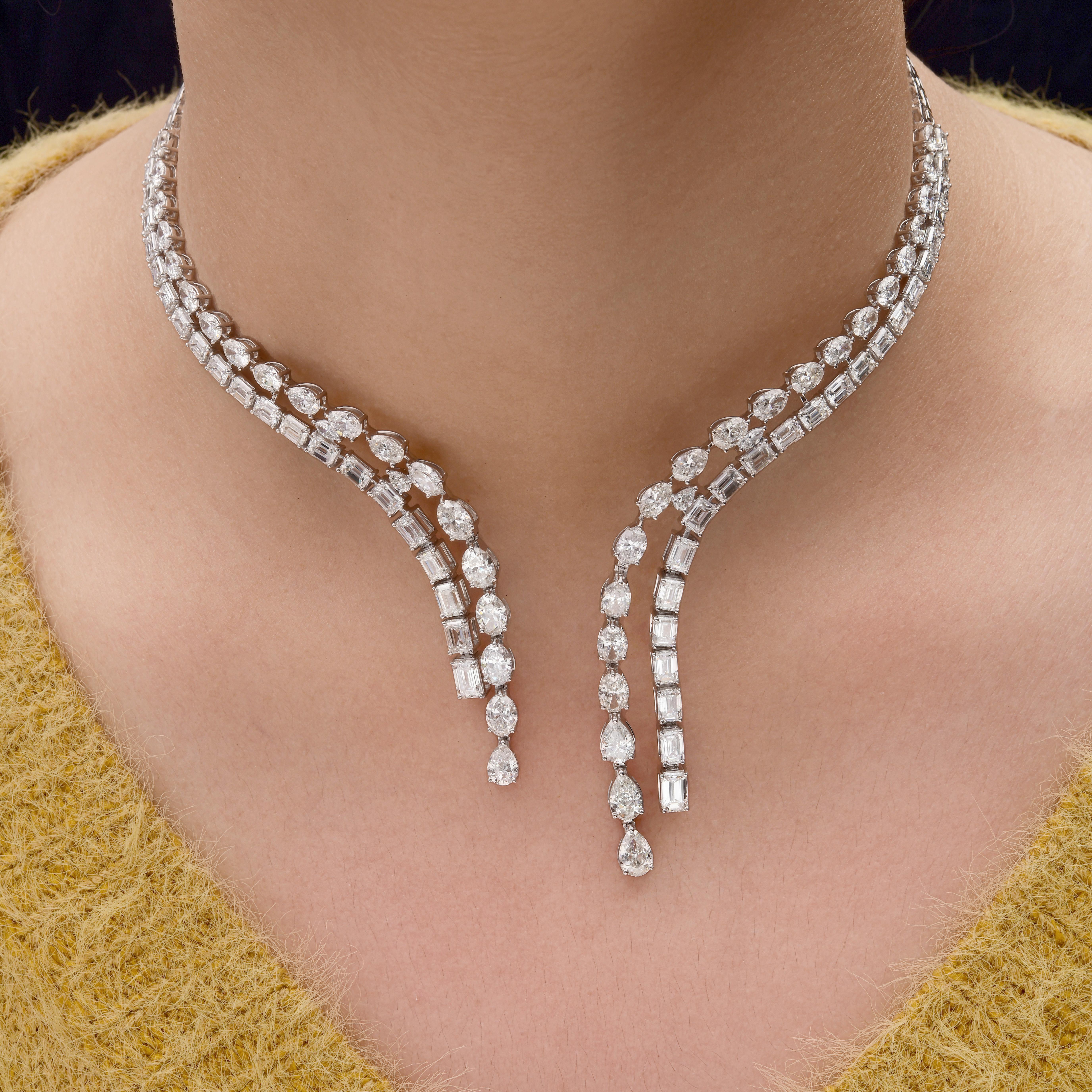 24.48 CTW Double Row Natural Diamond Collar Necklace 14k White Gold Choker 
The design features two parallel rows of alternating diamond cuts one line of brilliant round and pear-shaped stones paired with another of emerald-cut diamonds.
Diamonds