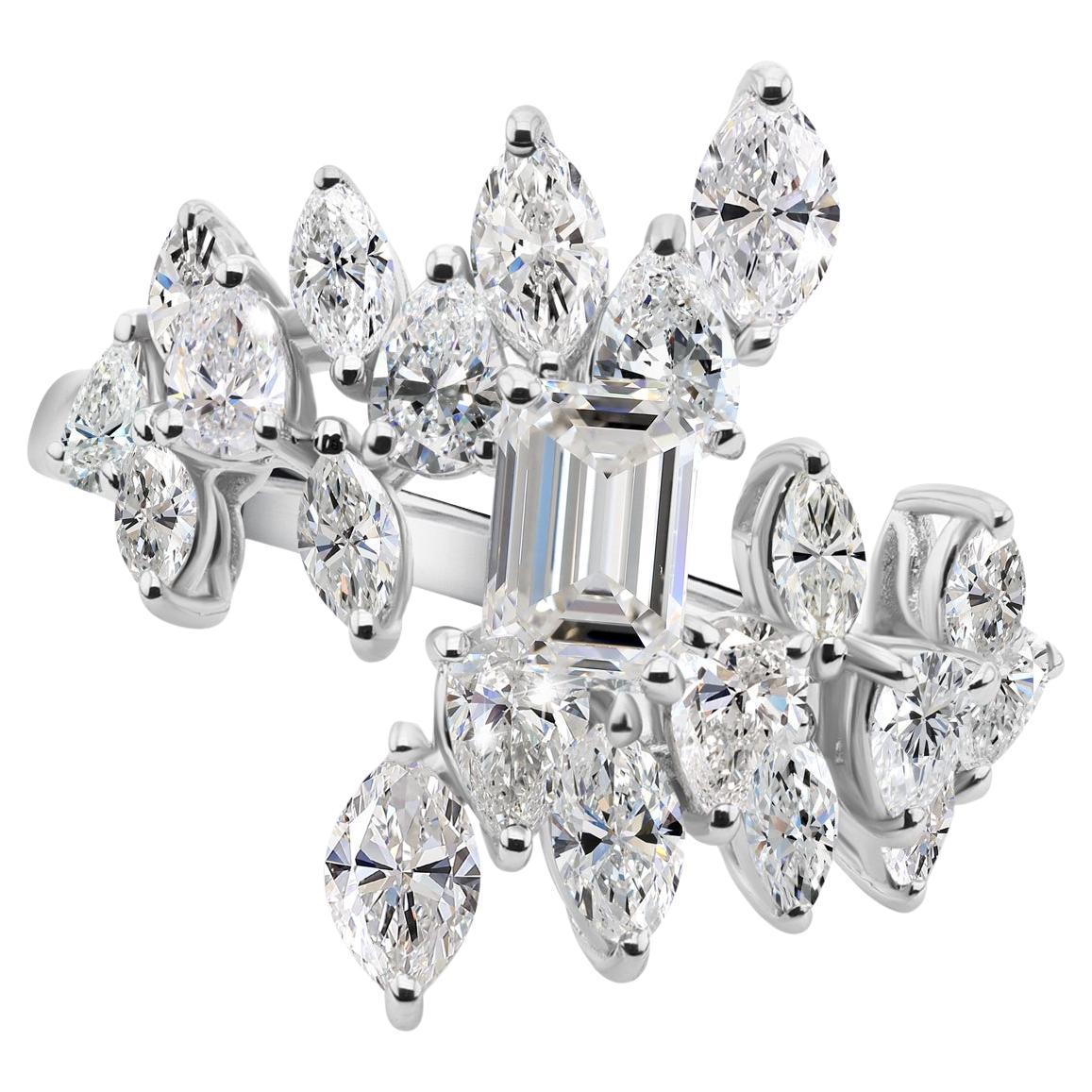 2.44Ct Emerald Cut Diamond Statement Floral Cluster Ring 14K White Gold Jewelry