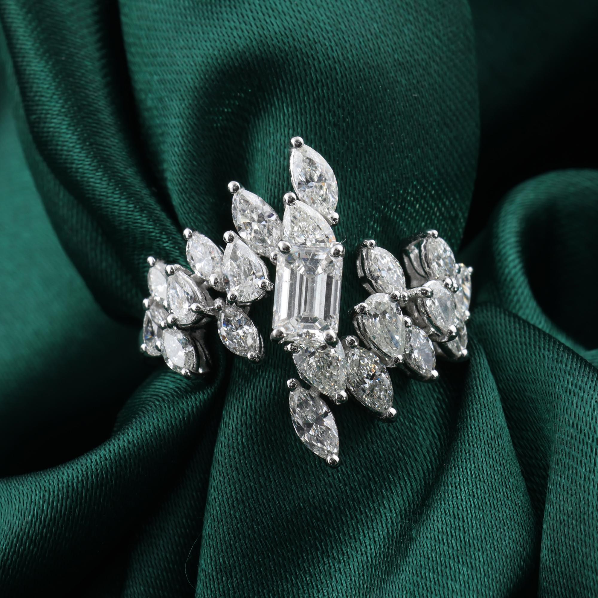 Im Angebot: 2.44Ct Emerald Cut Diamond Statement Floral Cluster Ring 18K White Gold Jewelry () 7