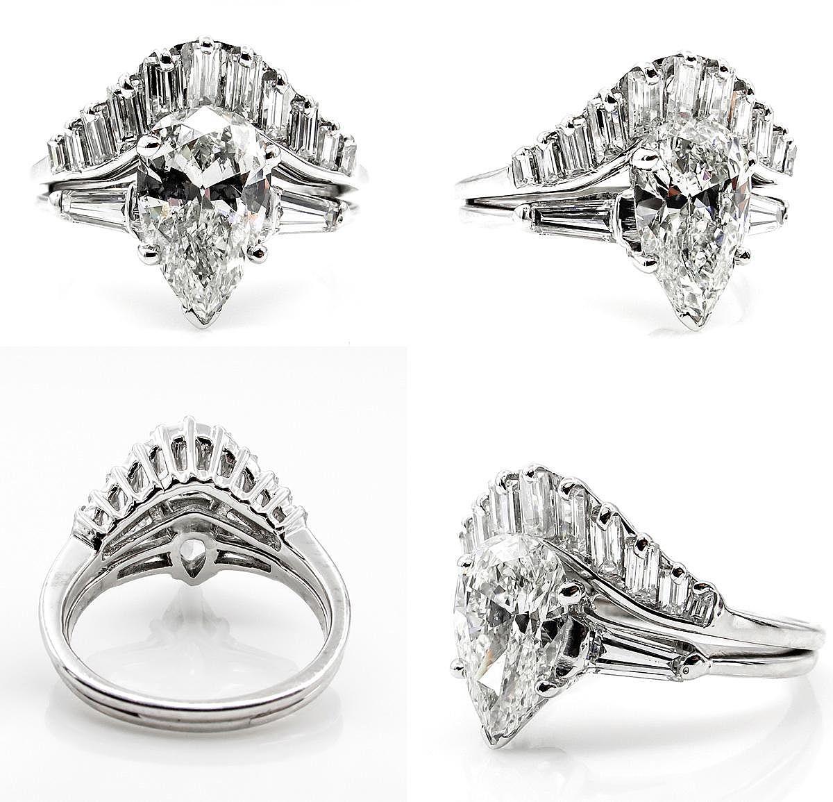Retro 2.44 Carat Estate Vintage Pear Shaped Diamond White Gold Ring Wedding Set
