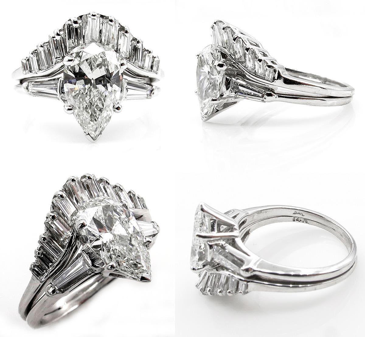 Pear Cut 2.44 Carat Estate Vintage Pear Shaped Diamond White Gold Ring Wedding Set