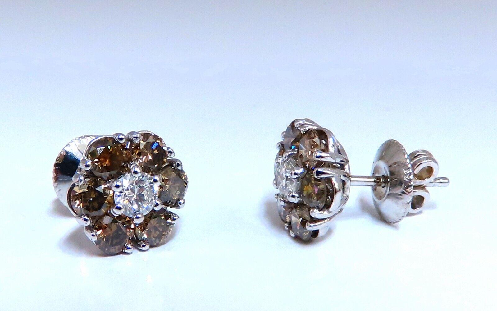 Women's or Men's 2.44 Carat Natural Round Diamond Cluster Earrings 14 Karat Fancy Browns For Sale