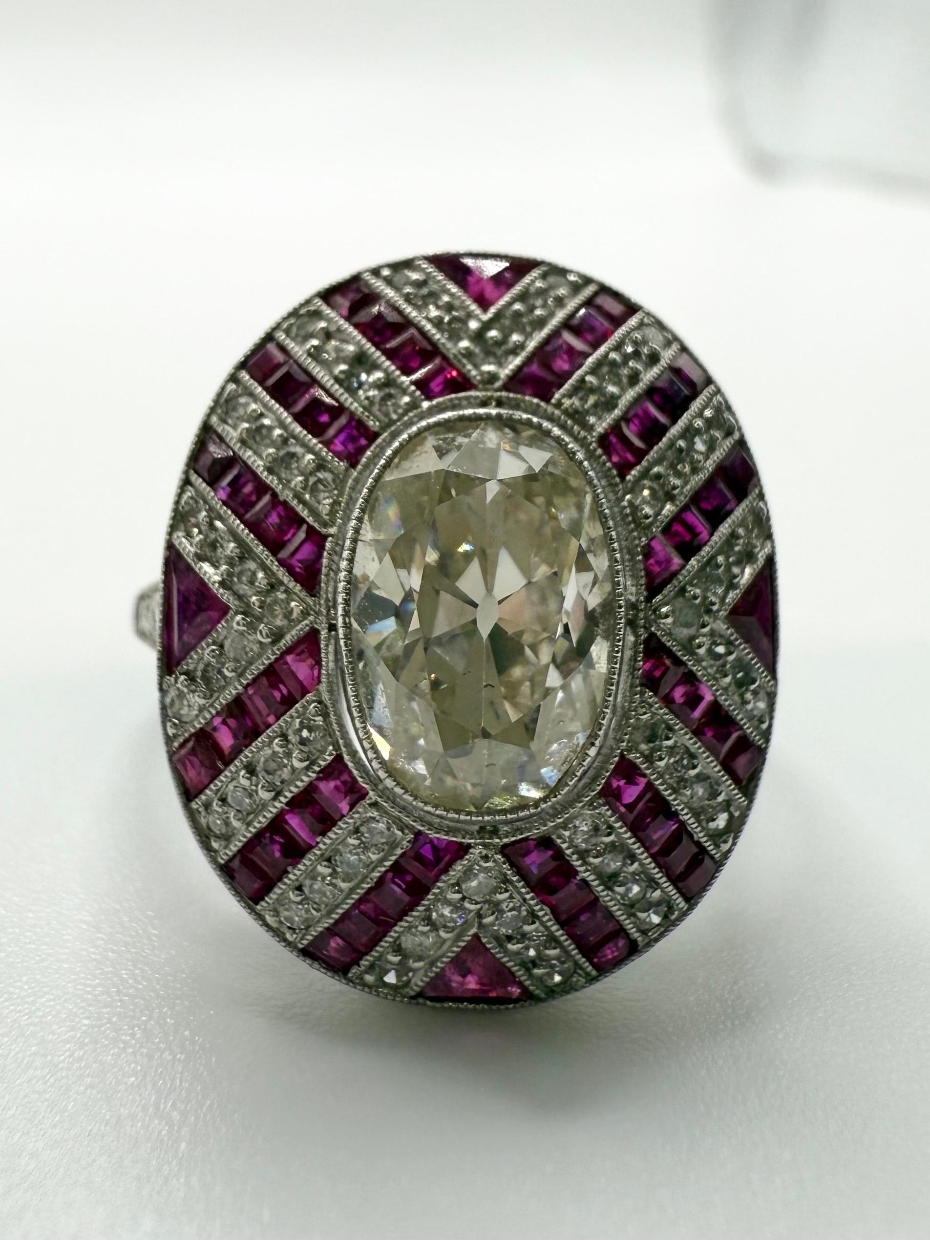 Oval Cut 2.44ct oval center Antique Diamond ring with rubies HANDMADE in platinum For Sale