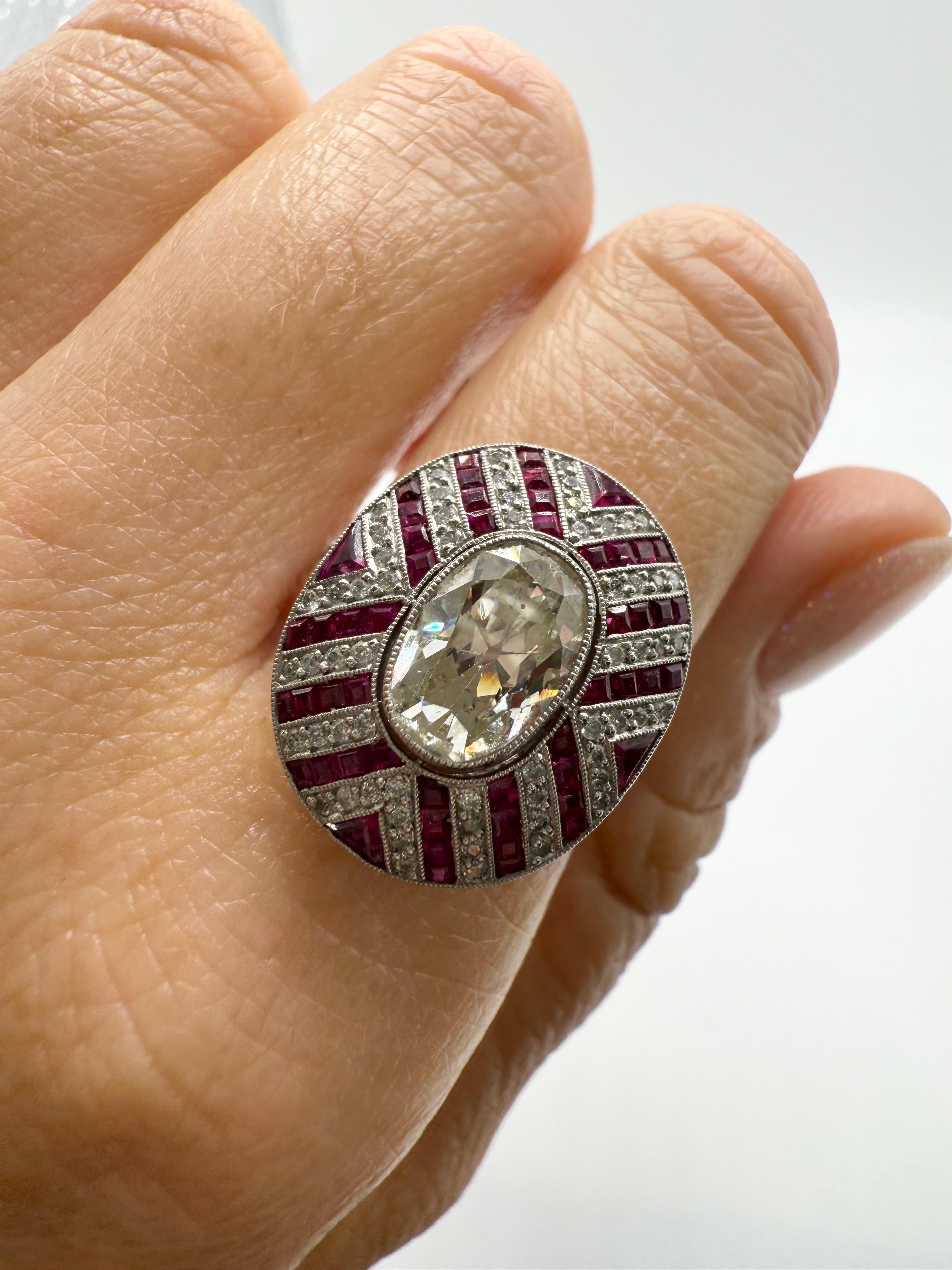 Women's or Men's 2.44ct oval center Antique Diamond ring with rubies HANDMADE in platinum For Sale