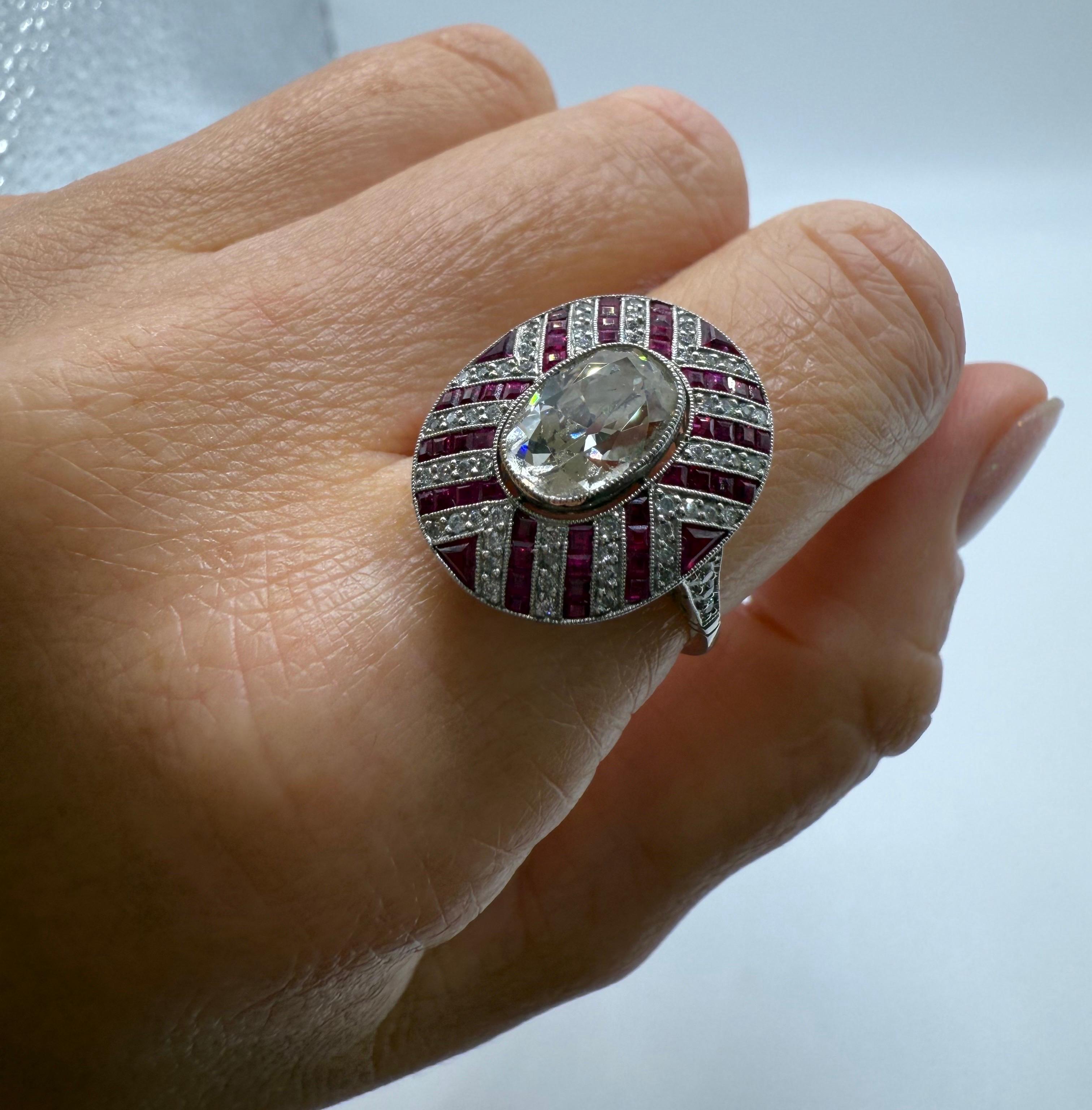 2.44ct oval center Antique Diamond ring with rubies HANDMADE in platinum For Sale 1