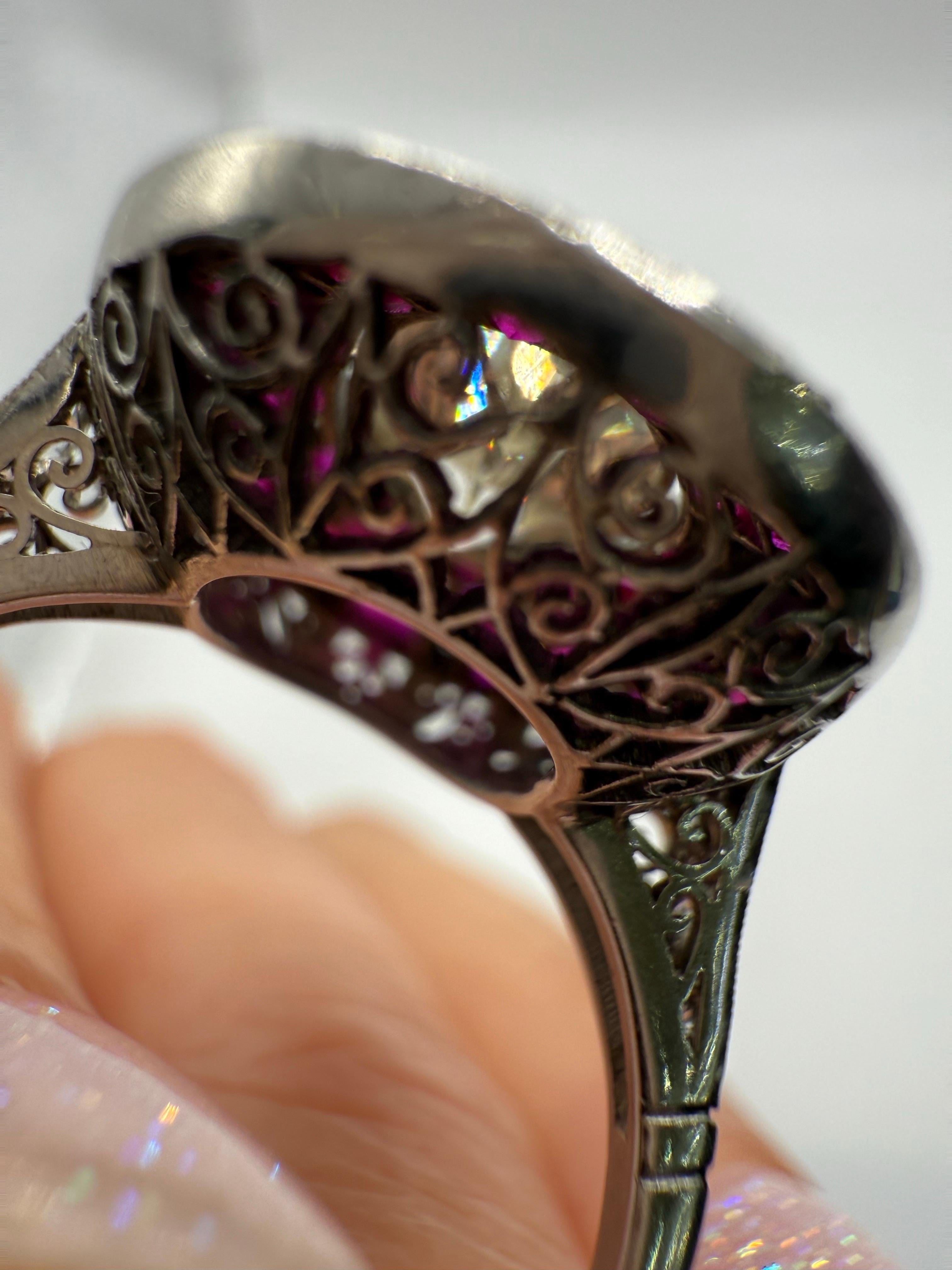 2.44ct oval center Antique Diamond ring with rubies HANDMADE in platinum For Sale 2